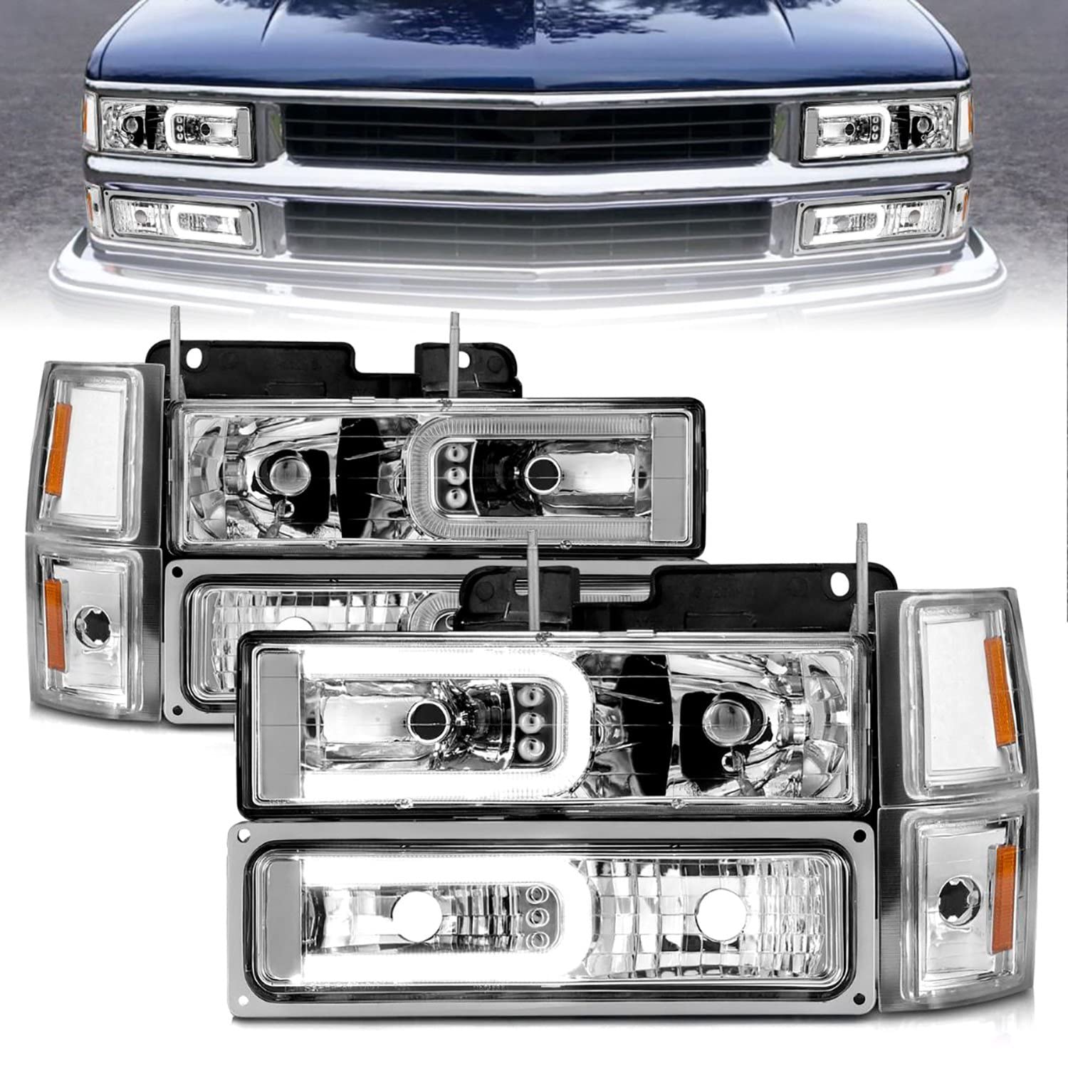 88-98 Chevrolet C1500 ANZO Crystal Headlights w/Light Bar Chrome Housing w/Signal Side Markers 8Pcs