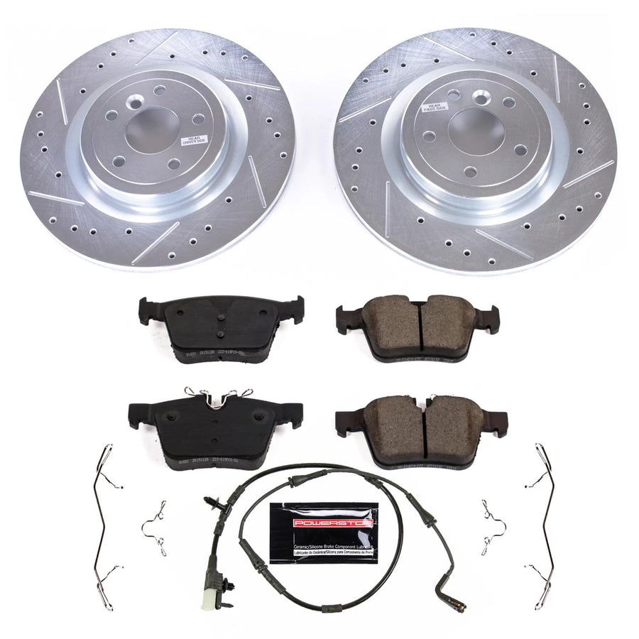Power Stop K7733 Rear Brake Pads Z23 Carbon Fiber with Drilled & Slotted Brake Rotors Kit and 1 Rear Sensor Wire For Jaguar XE 2017-2020, Jaguar XF 2016-2021 [Model Specific]