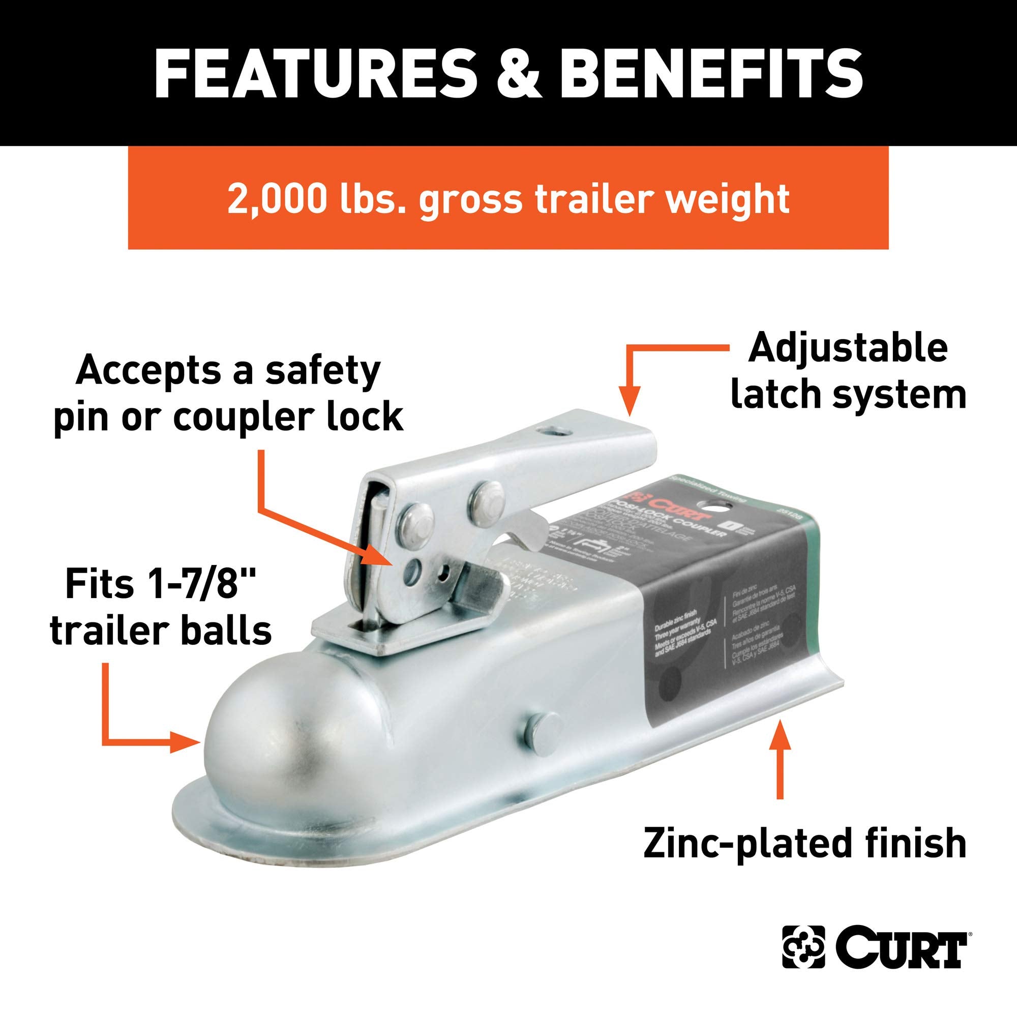 CURT Straight Tongue Trailer Coupler for 1-7/8-In Hitch Ball, 2-Inch Channel, 2,000 lbs
