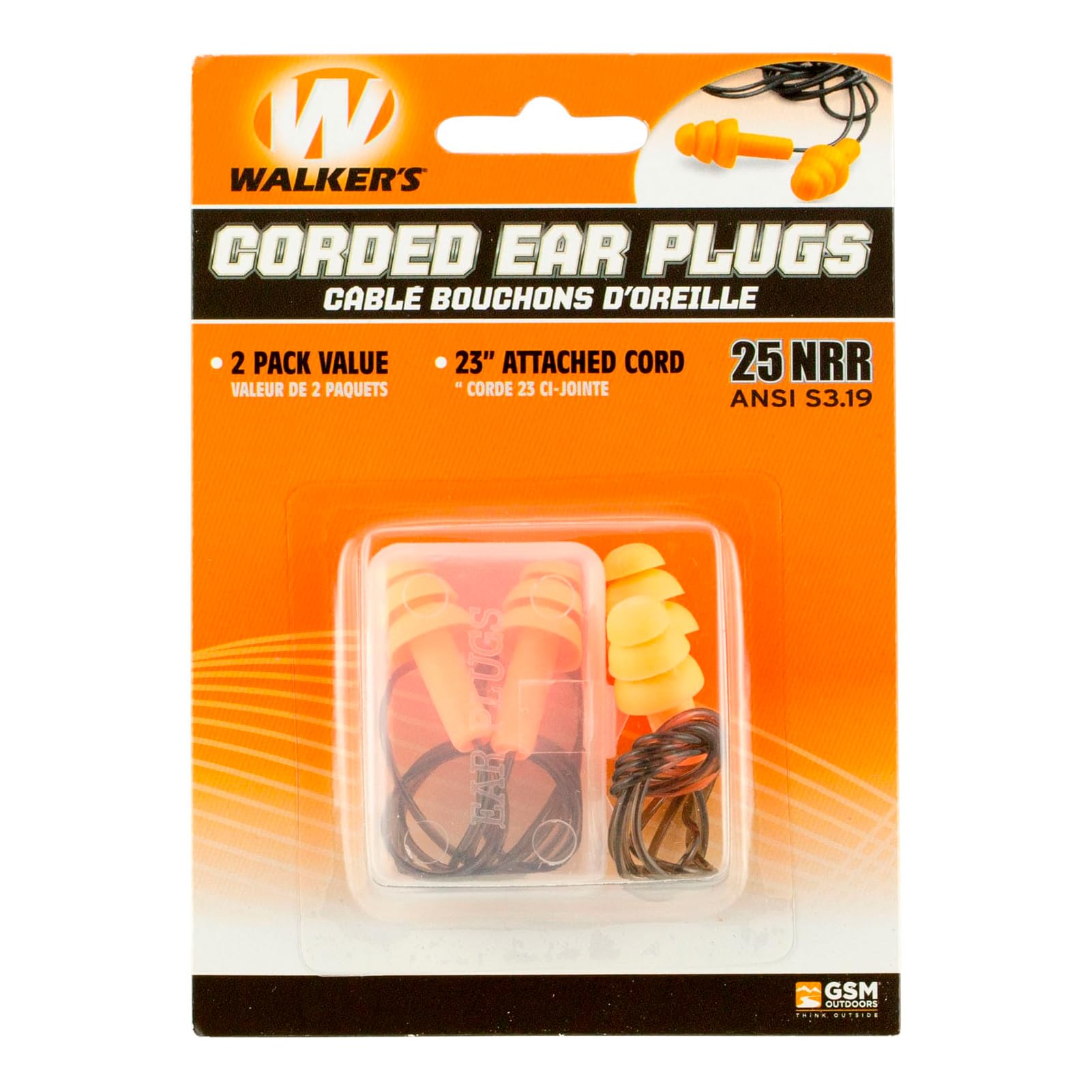25dB NRR Walker's Noise-Reducing ANSI S3.19 Hearing Protection Shooting Hunting Work Soft Comfortable 23" PVC Corded Rubber Earplugs, 2 Pairs & Carrying Case