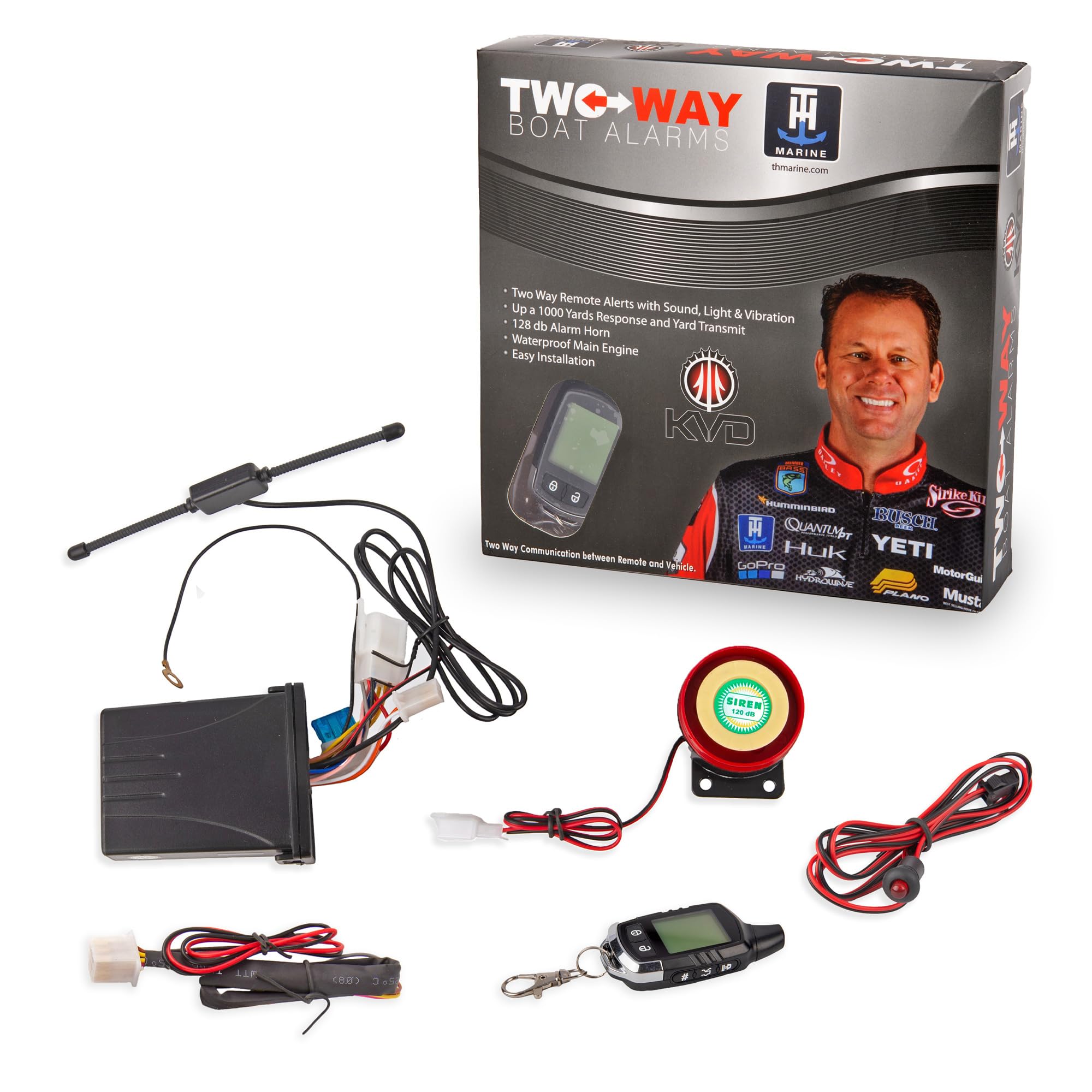 2-Way T-H Marine Boat Alarm System – Waterproof Marine Security System with Shock Sensor, 128 dB Horn & Two-Way Remote – Up to 3000-Yard Alert Range – Easy DIY Install