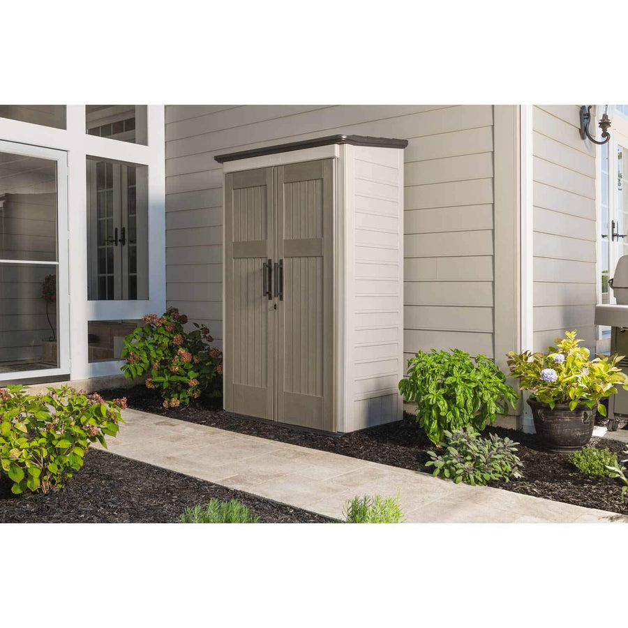 Rubbermaid Outdoor Vertical Resin Storage Shed With Floor (4 x 2.5 Ft) Weather Resistant Beige/Brown Organization for Home/Backyard/Pool Chemicals/Toys/Garden Tools/Porch/Patio Cushions