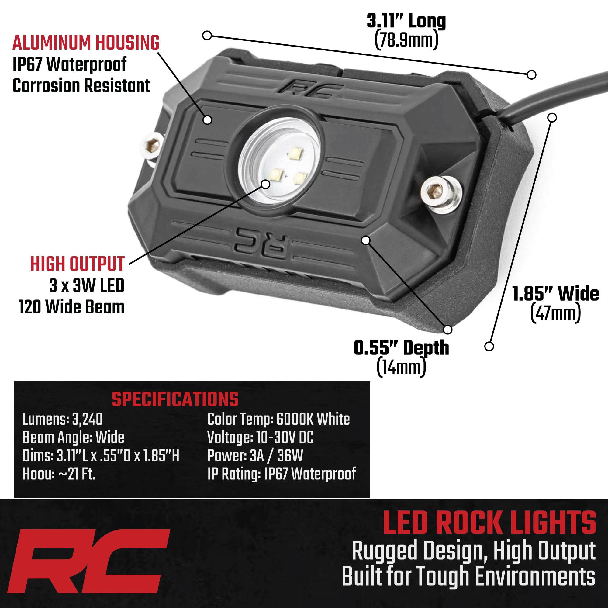 Rough Country LED Deluxe Rock Light Pods w/Mounting Kit | 4 Pods - 70980 , White