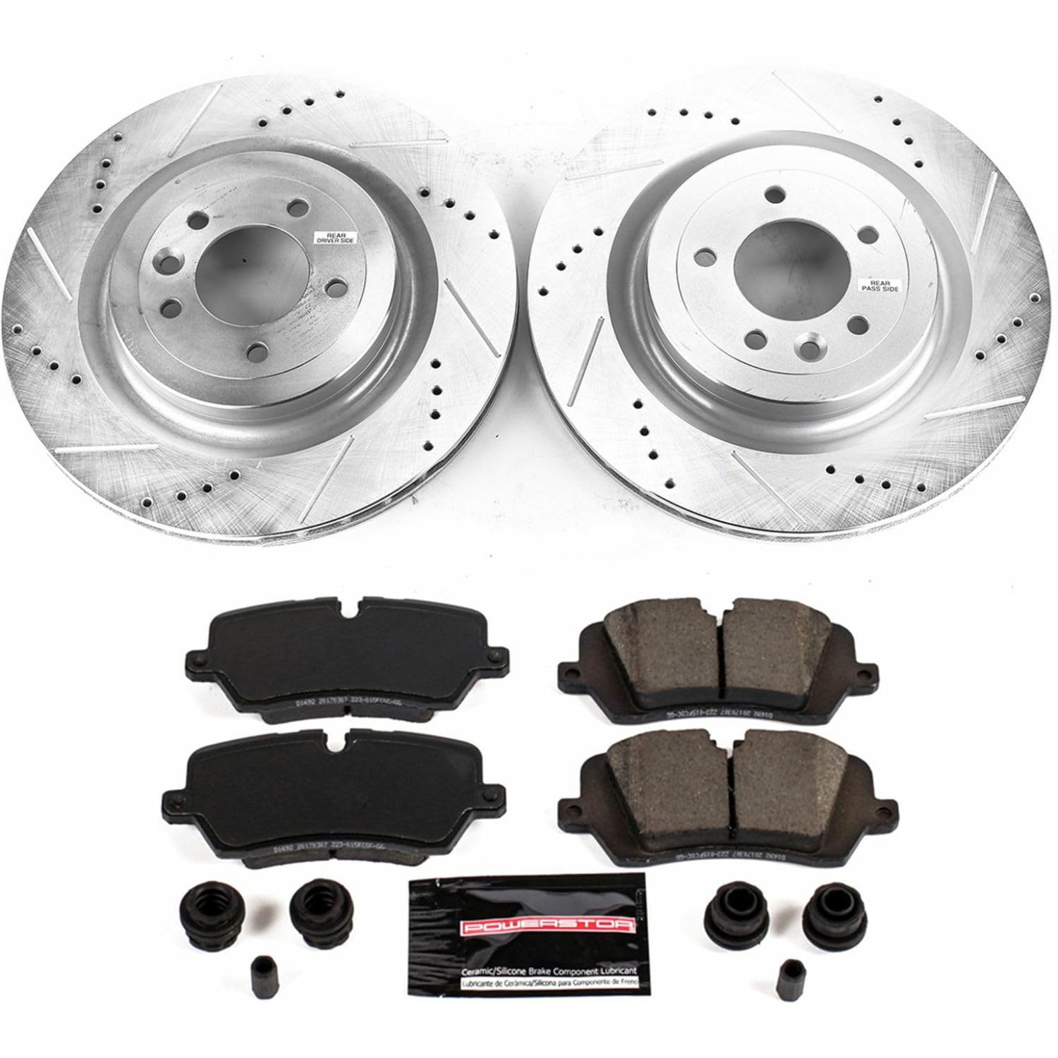 Power Stop K7089 Rear Brake Pads Z23 Carbon Fiber with Drilled & Slotted Brake Rotors Kit and 1 Rear Sensor Wire For Land Rover Range Rover, Land Rover Range Rover Sport [Model Specific]