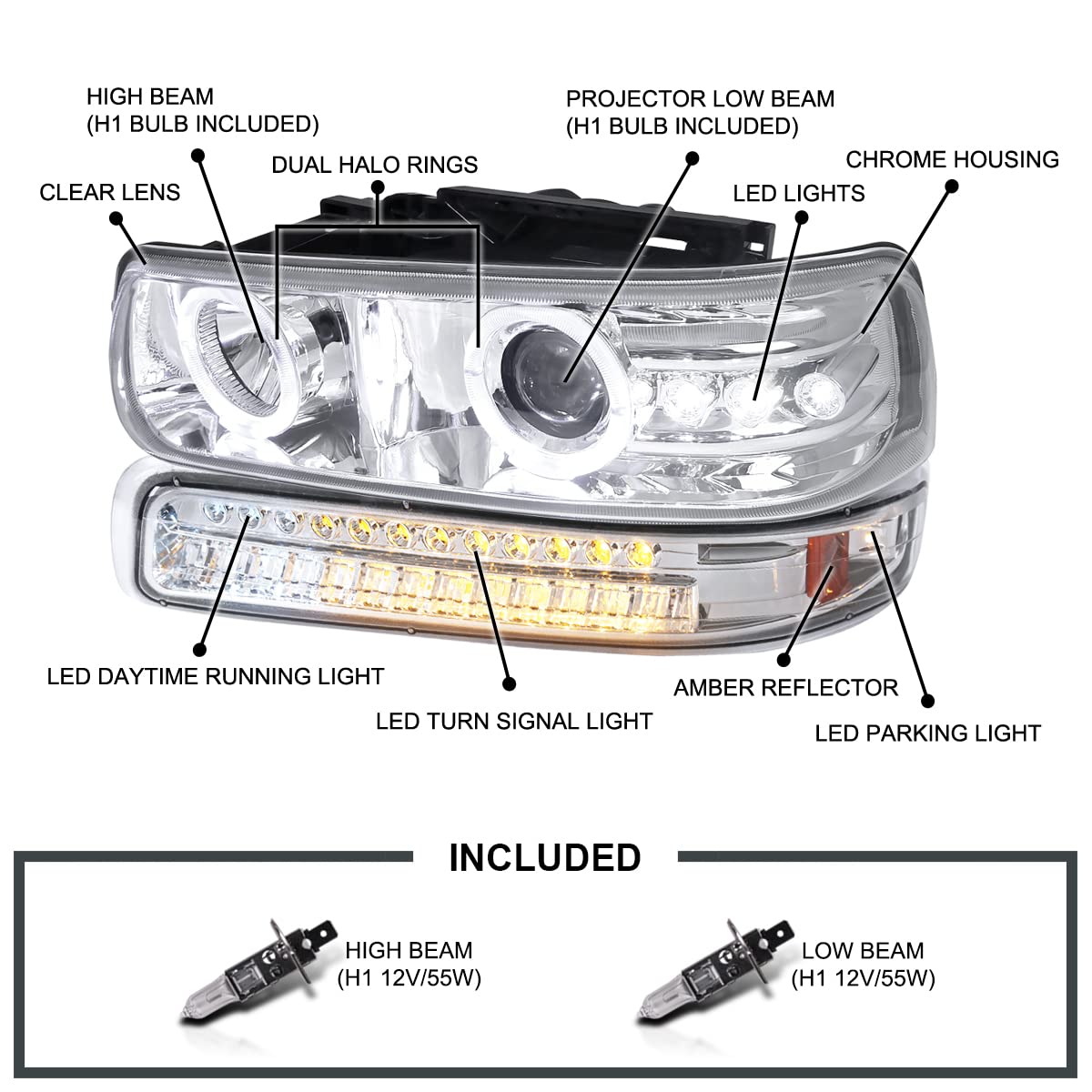 LED Halo Projector Headlights + LED Bumper Lights SPEC-D TUNING Compatible with 1999-2002 Chevy Silverado 1500 2500 3500, Left + Right Pair Headlamps Assembly