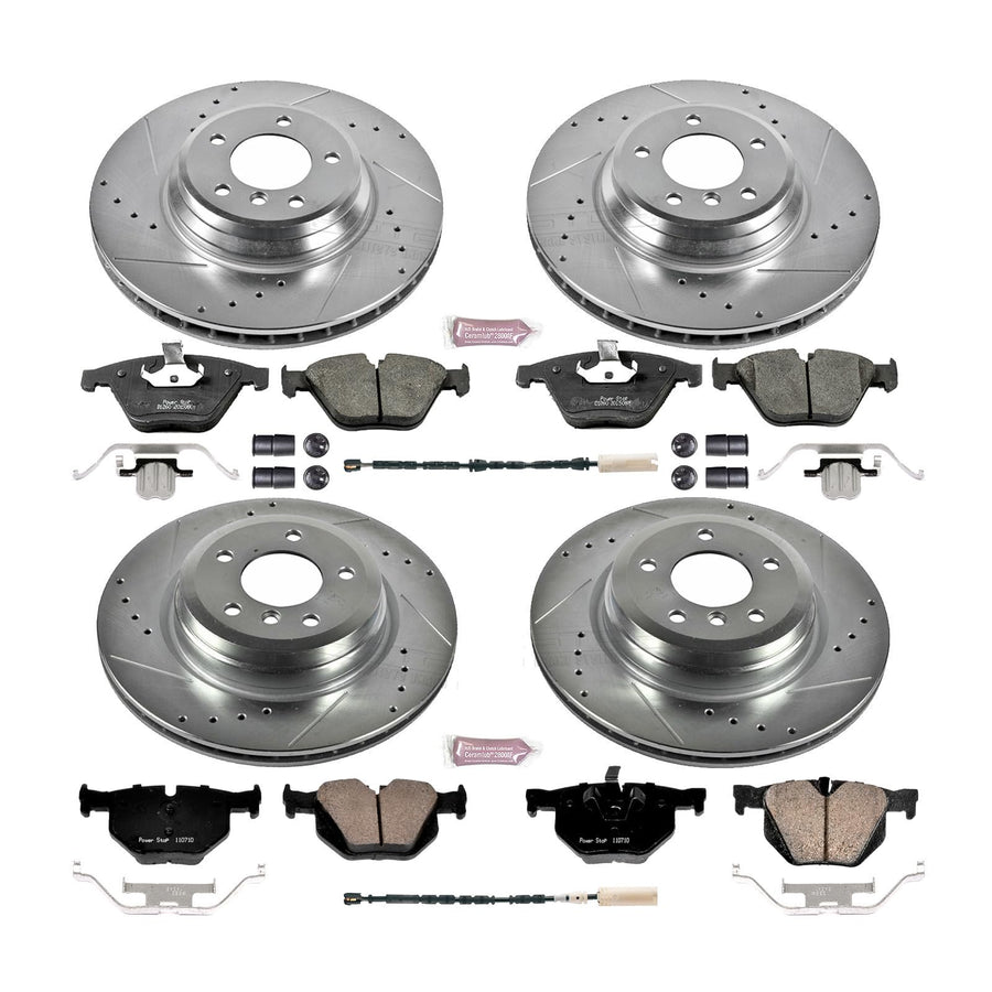 Power Stop K6057 Z23 Carbon Fiber Brake Pads Front and Rear with Drilled & Slotted Brake Rotors Kit and 1 Front & 1 Rear Sensor Wires For BMW 3, BMW 335i, BMW 335i xDr, BMW 335is [Model Specific]