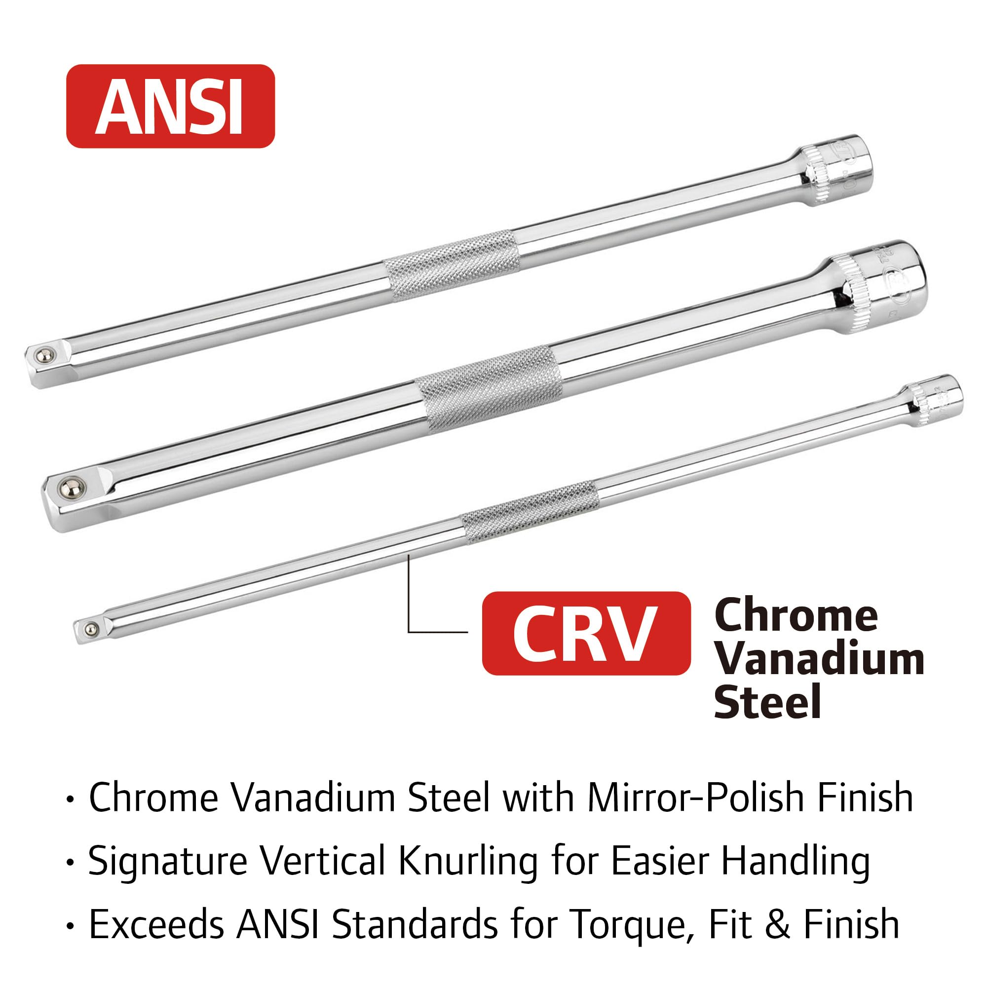 3-Piece Ingersoll Rand Extension Bar Set with Storage Tray, 10-Inch Chrome Vanadium Extensions in 1/4", 3/8", and 1/2" Drive with Reusable Storage Tray, Mirror-Polished Finish - 752056