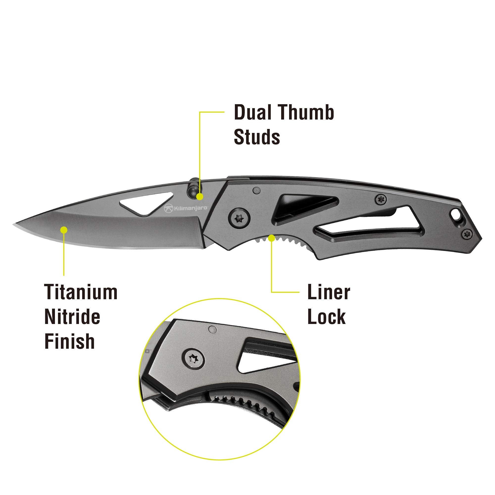 Kilimanjaro 6-Inch Vertice Folding Knife – 2.6" Drop Point 7Cr17MoV Stainless Steel Blade, Titanium Nitride Finish, Dual Thumb Stud, Liner Lock – 910061