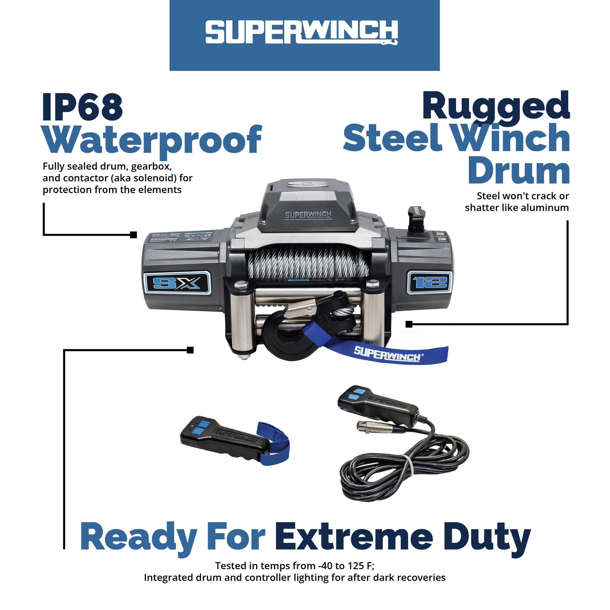 12V DC Superwinch SX12 Waterproof Recovery Winch 12,000lb/5,443kg Single Line Pull with Roller Fairlead 3/8in x 85ft Steel Wire Rope Corded Handheld Remote No-Bind Clutch