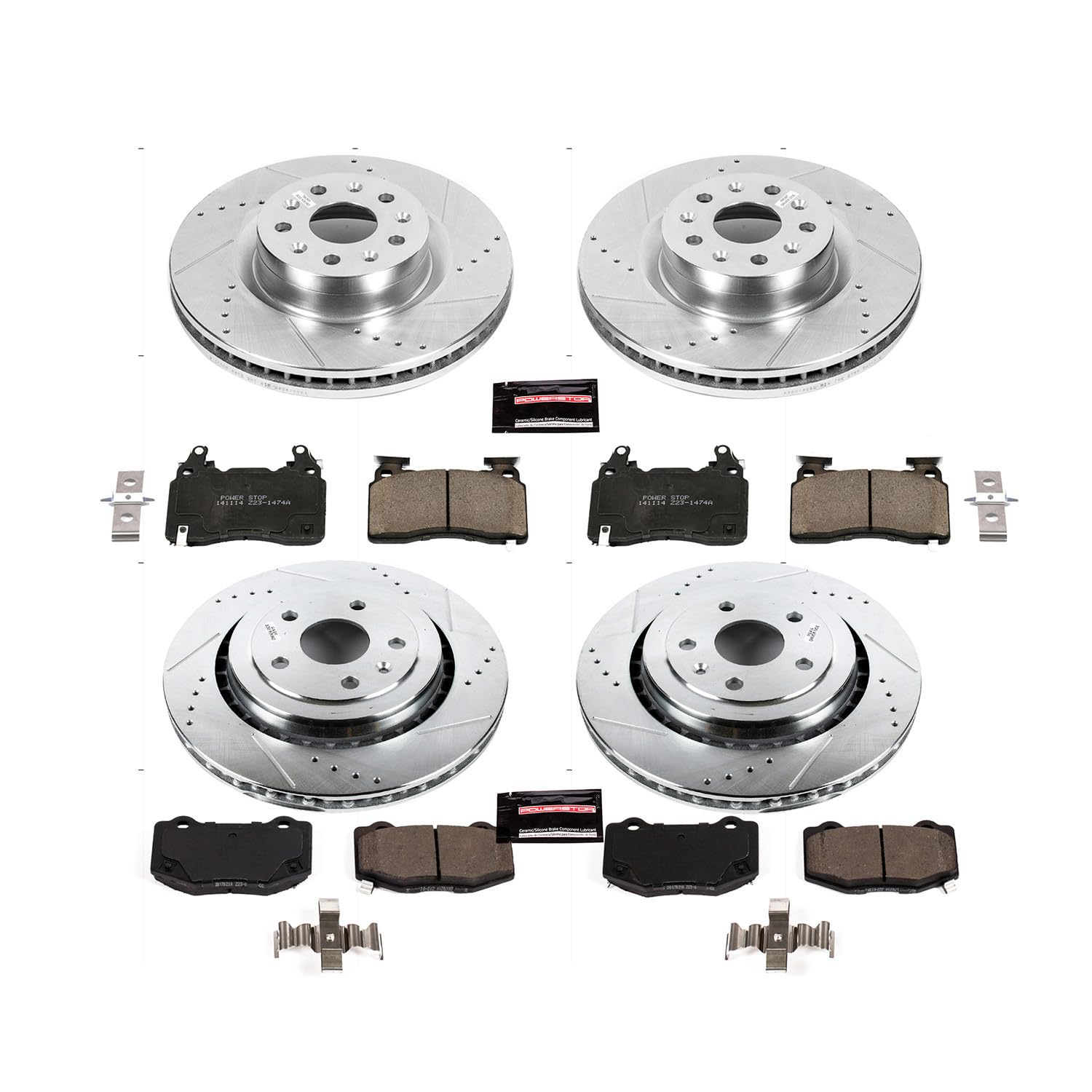 Power Stop K7226 Z23 Carbon Fiber Brake Pads Front and Rear with Drilled and Slotted Brake Rotors Kit For 2016 2017 2018 2019 2020 2021 Chevy Camaro SS [Models with 4 Piston Front Caliper]