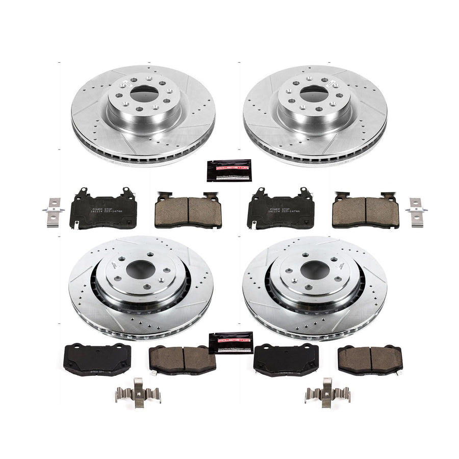 Power Stop K7226 Z23 Carbon Fiber Brake Pads Front and Rear with Drilled and Slotted Brake Rotors Kit For 2016 2017 2018 2019 2020 2021 Chevy Camaro SS [Models with 4 Piston Front Caliper]