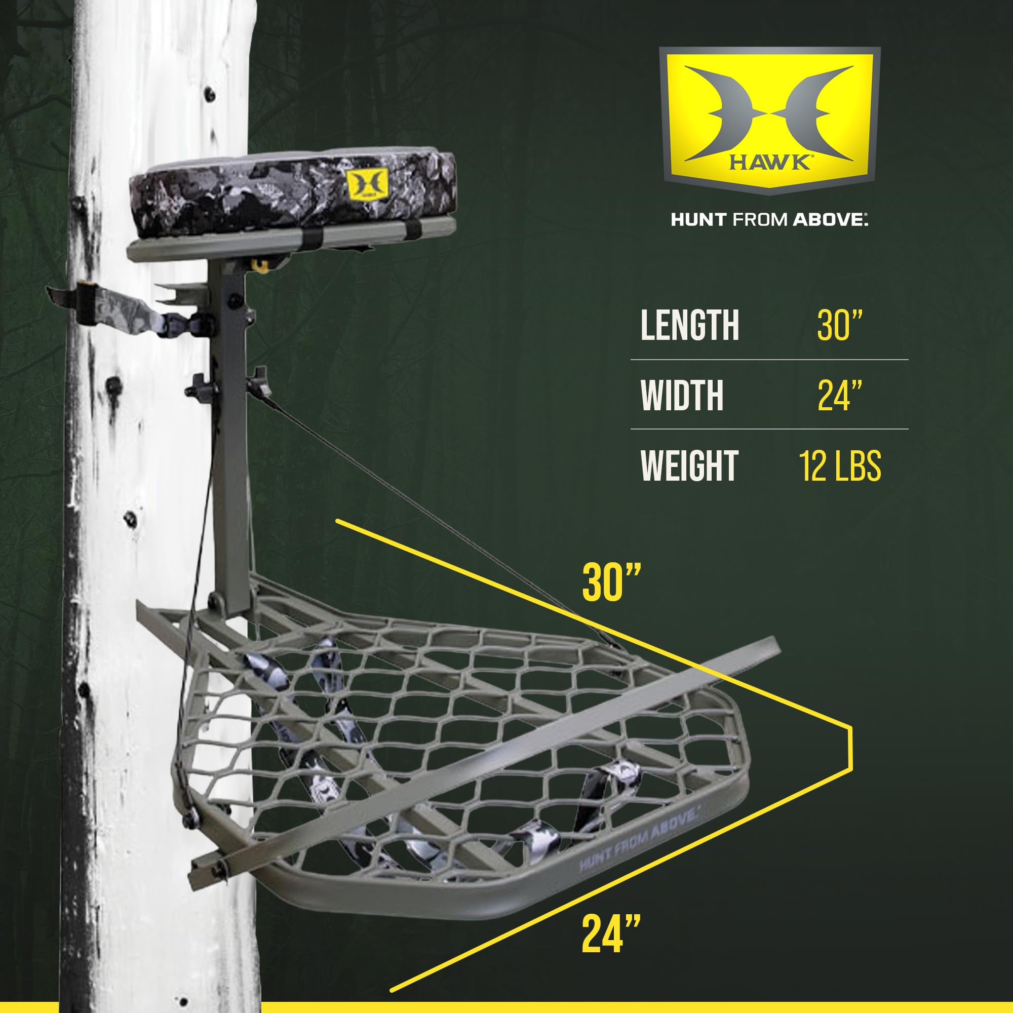 Hawk Tree Stand Hang-On, Platform w/Safety Harness & Straps for Deer Hunting, Helium Pro - Adjustable Climbing Treestand Accessory and Equipment for Shooting