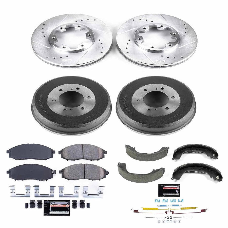 Power Stop K15118DK Z23 Carbon Fiber Brake Pads Front and Rear with Drilled & Slotted Brake Drums Kit For Nissan Frontier 2003-2004, Nissan Xterra 2000-2004 [Model Specific]