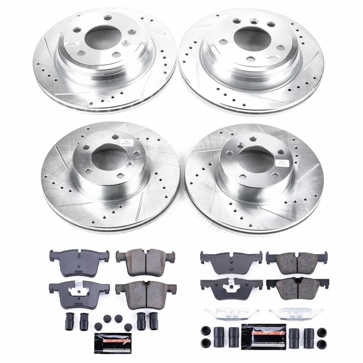 Power Stop K6925 Z23 Carbon Fiber Brake Pads Front and Rear with Drilled and Slotted Brake Rotors Brake Kit and 1 Front & 1 Rear Sensor Wires For 2013 2014 2015 BMW 320 XDrive AWD