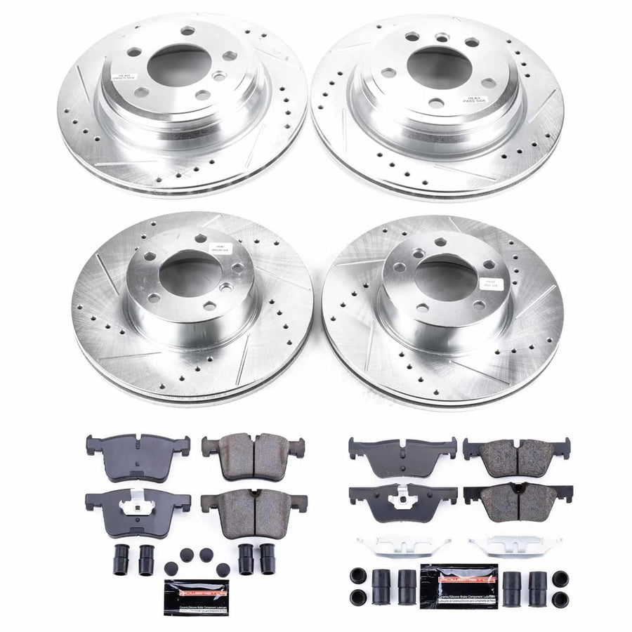 Power Stop K6925 Z23 Carbon Fiber Brake Pads Front and Rear with Drilled and Slotted Brake Rotors Brake Kit and 1 Front & 1 Rear Sensor Wires For 2013 2014 2015 BMW 320 XDrive AWD