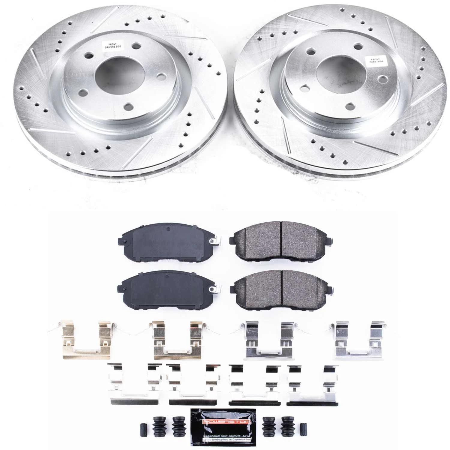 Power Stop K8327 Z23 Carbon Fiber Brake Pads Front with Drilled & Slotted Brake Rotors Kit For Nissan Juke 2011-2017, Nissan Sentra 2019 [Model Specific]