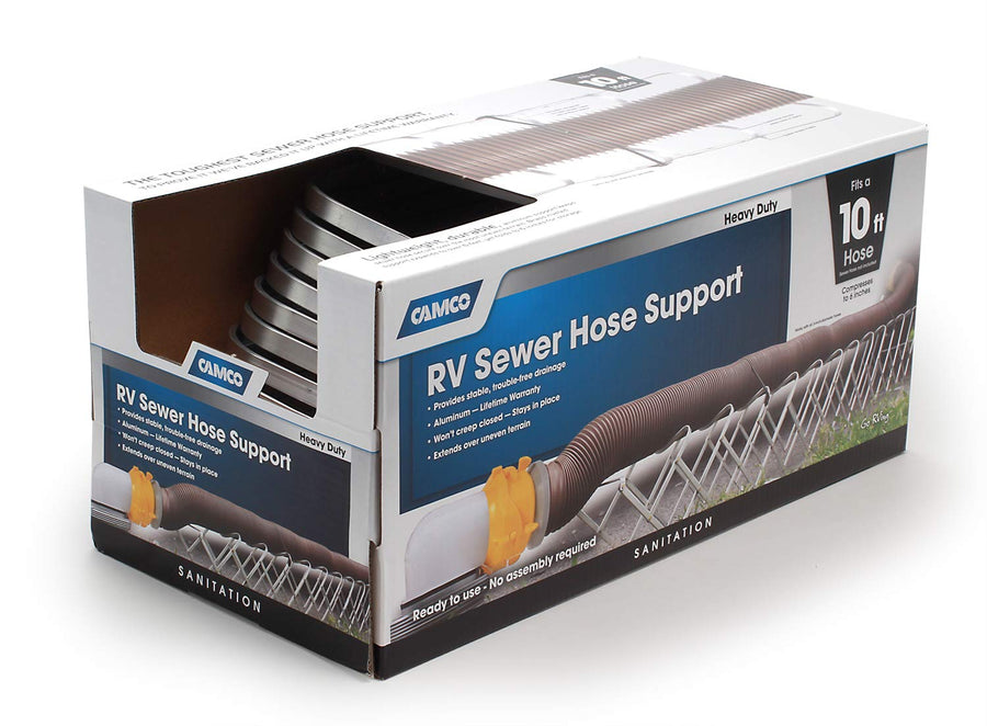 Camco Sewer Hose Support Aluminum, Supports Hoses Up to 10', Includes Strap Kit to Secure Your Hose in Place, Durable Construction, Lightweight Design, 40351