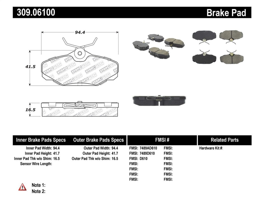 Sport Brake Pads StopTech 309.06100 with Shims and Hardware