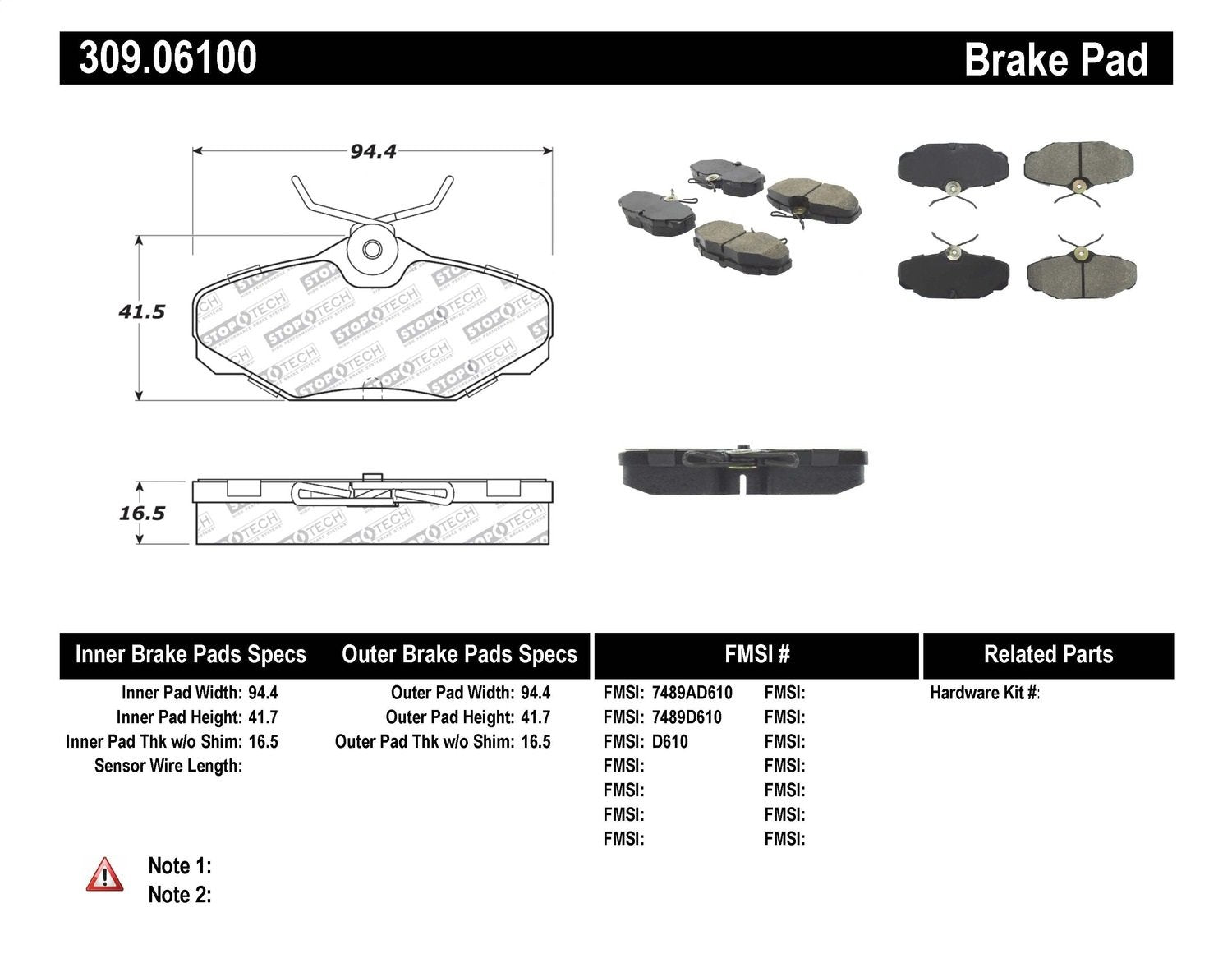 Sport Brake Pads StopTech 309.06100 with Shims and Hardware