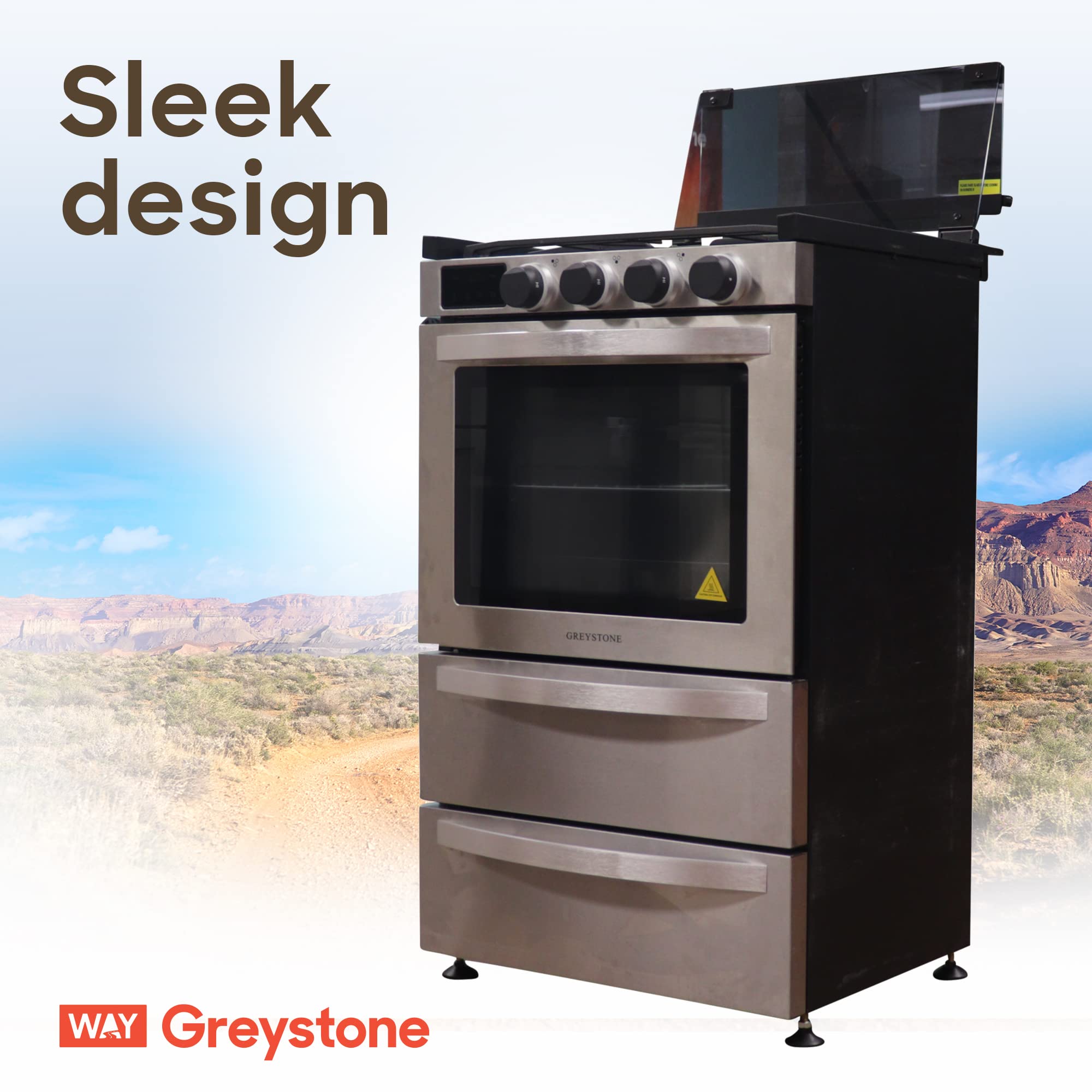 21 Inch Greystone Freestanding RV Gas Range, Stove and Oven Combo, 12 Volt, LP, 3 Burners, Stainless Steel