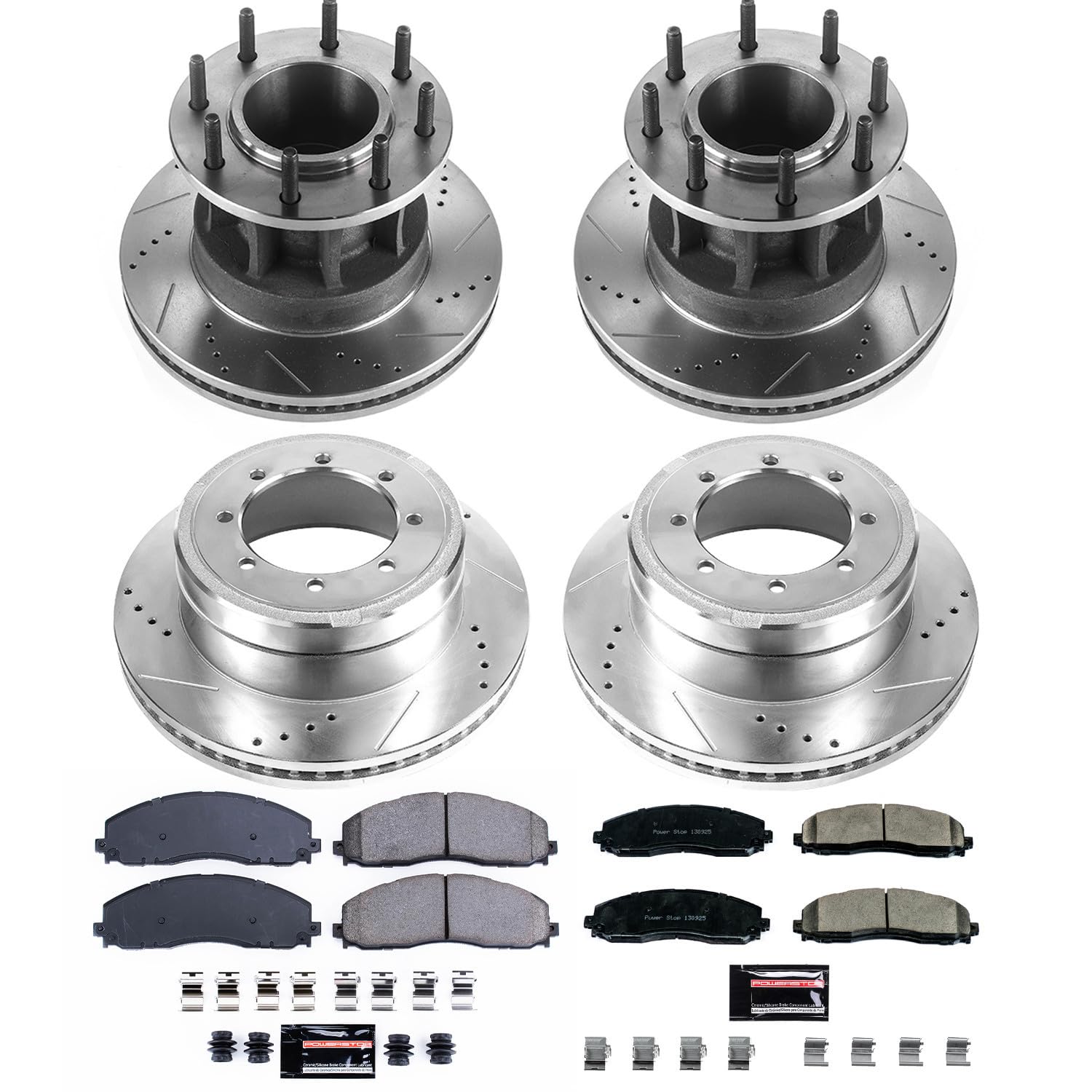 Power Stop K7572 Z23 Carbon Fiber Brake Pads Front and Rear with Drilled & Slotted Brake Rotors Kit For Ford F-350 Super Duty 2017-2022 [Model Specific]