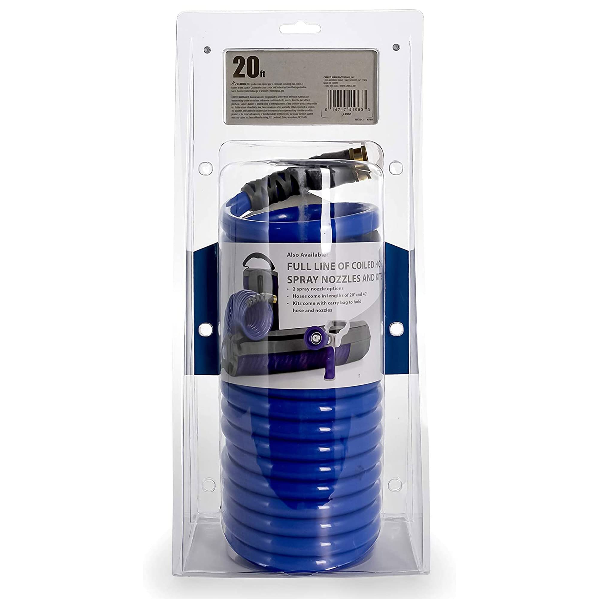 20’ Coiled Water Hose Camco | Rust Resistant with Brass Fittings | Features a 1/2-inch ID (41983), Blue