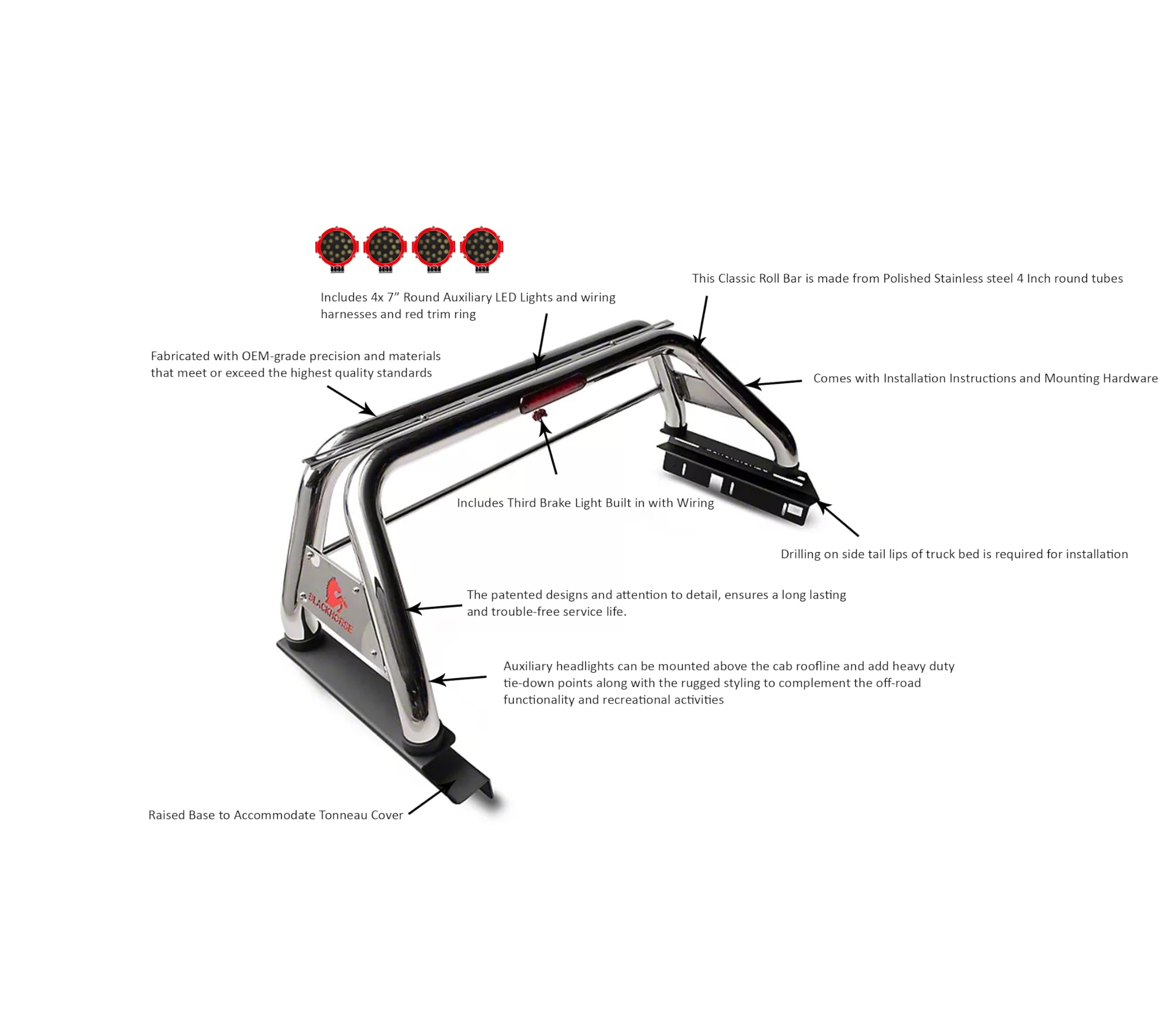 Classic Black Horse Roll Bar Incl. Pair of 7.0" Dia. LED Lights w/Red Trim Rings Stainless Steel Compatible with 2005-2024 Toyota Tacoma-RB006SS-PLR