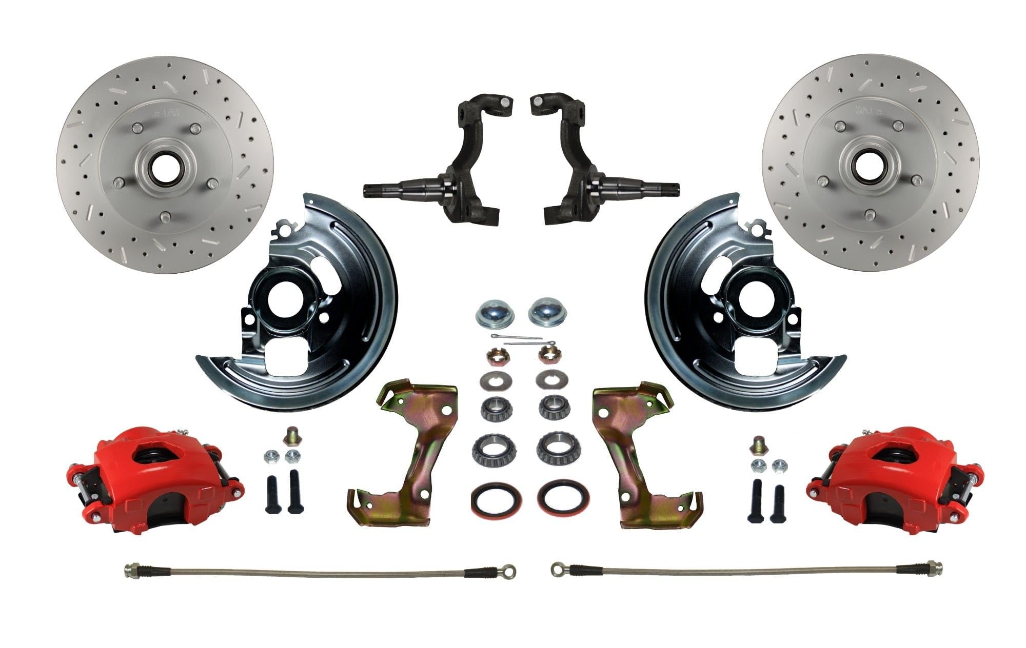 Spindle Mount Kit LEED BRAKES Cross Drilled And Slotted Rotors With Red Powder Coated Calipers