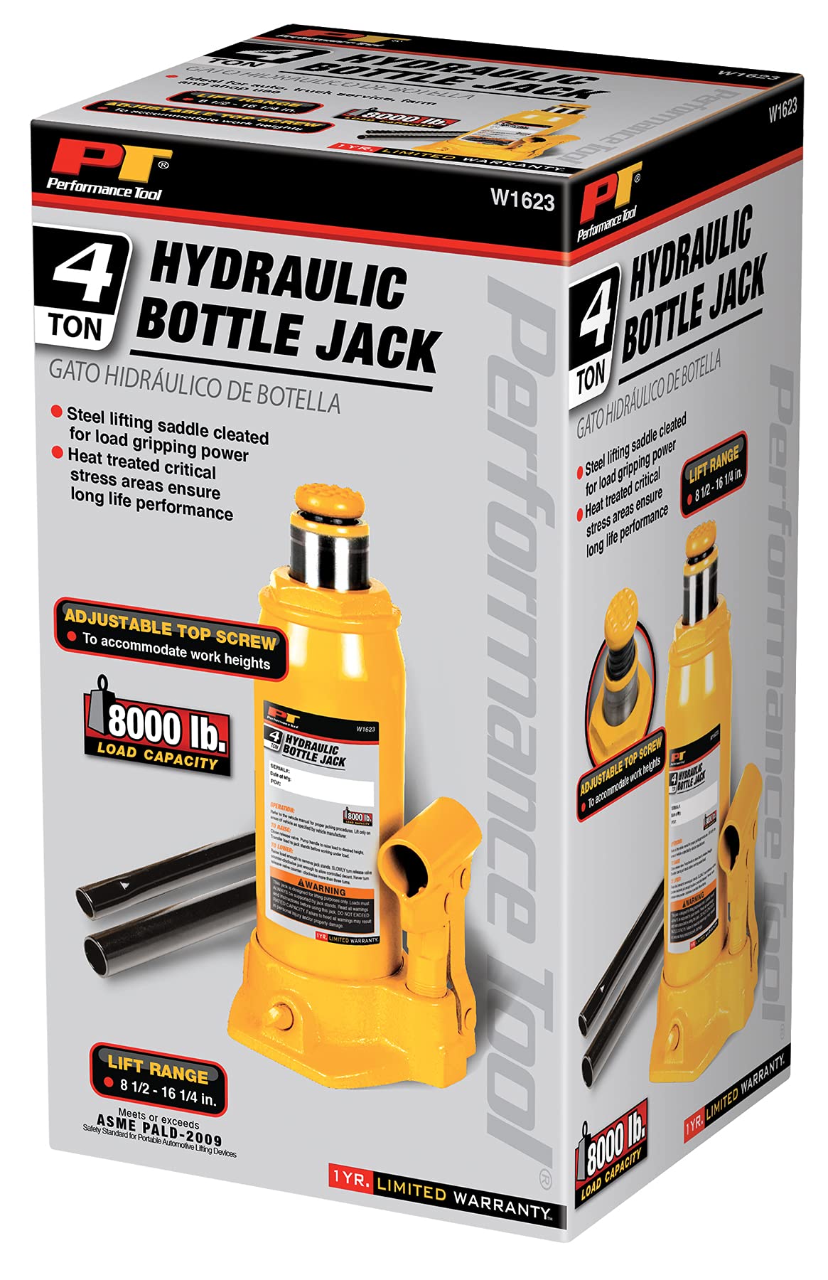 4-Ton Performance Tool W1623 Heavy Duty Hydraulic Bottle Jack (8,000 lbs.)