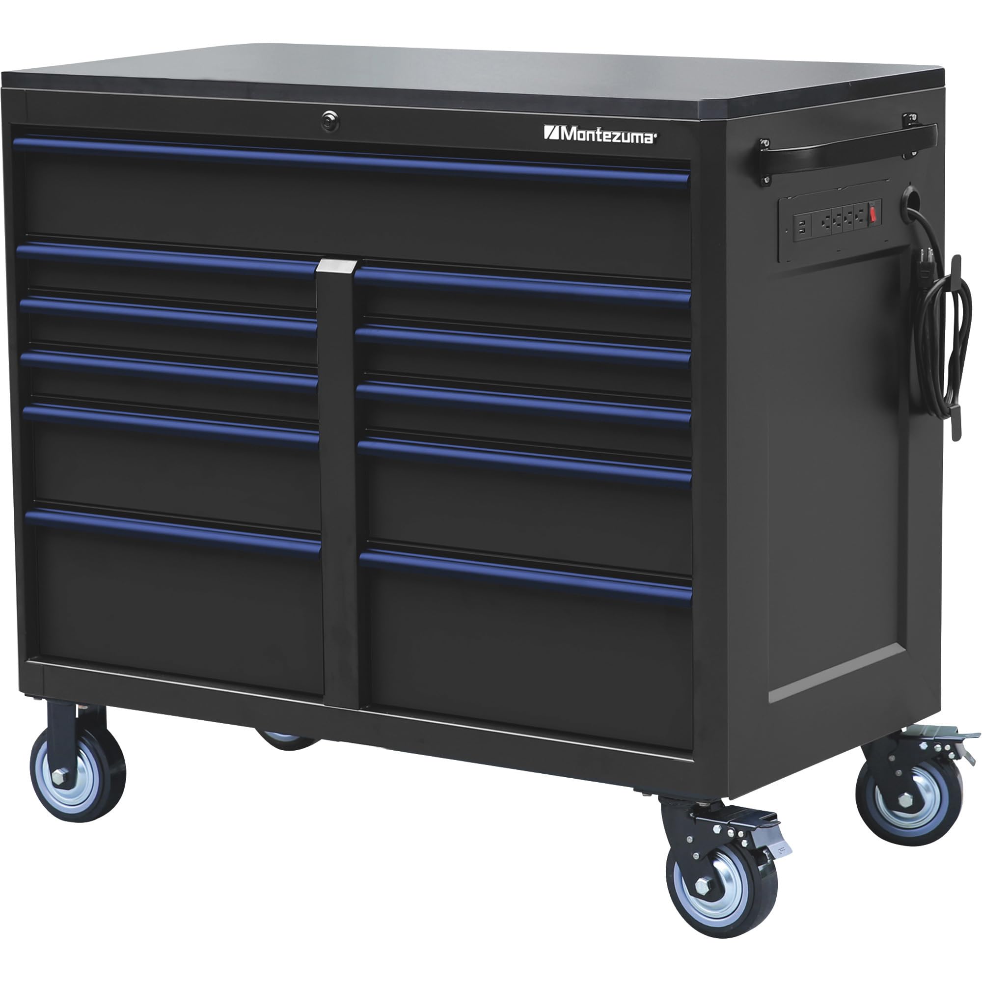 Montezuma Tool Box - 11 Drawer 46" x24" Rolling Tool Cabinet with Multiple Power Outlets & Black Powder Coat Finish - M462411TC