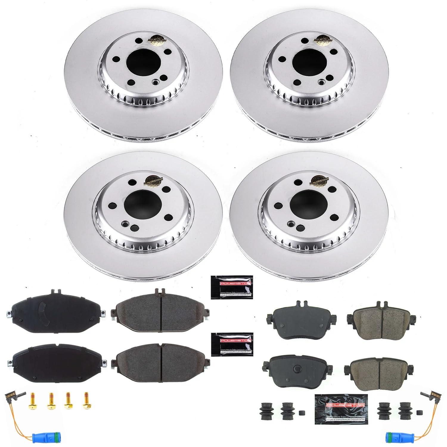 Power Stop Z23 CRK8074 Front and Rear Coated Rotor Kit-Coated Brake Rotors, Carbon Ceramic Brake Pads For Mercedes-Benz E300 2018-2019 [Model Specific]