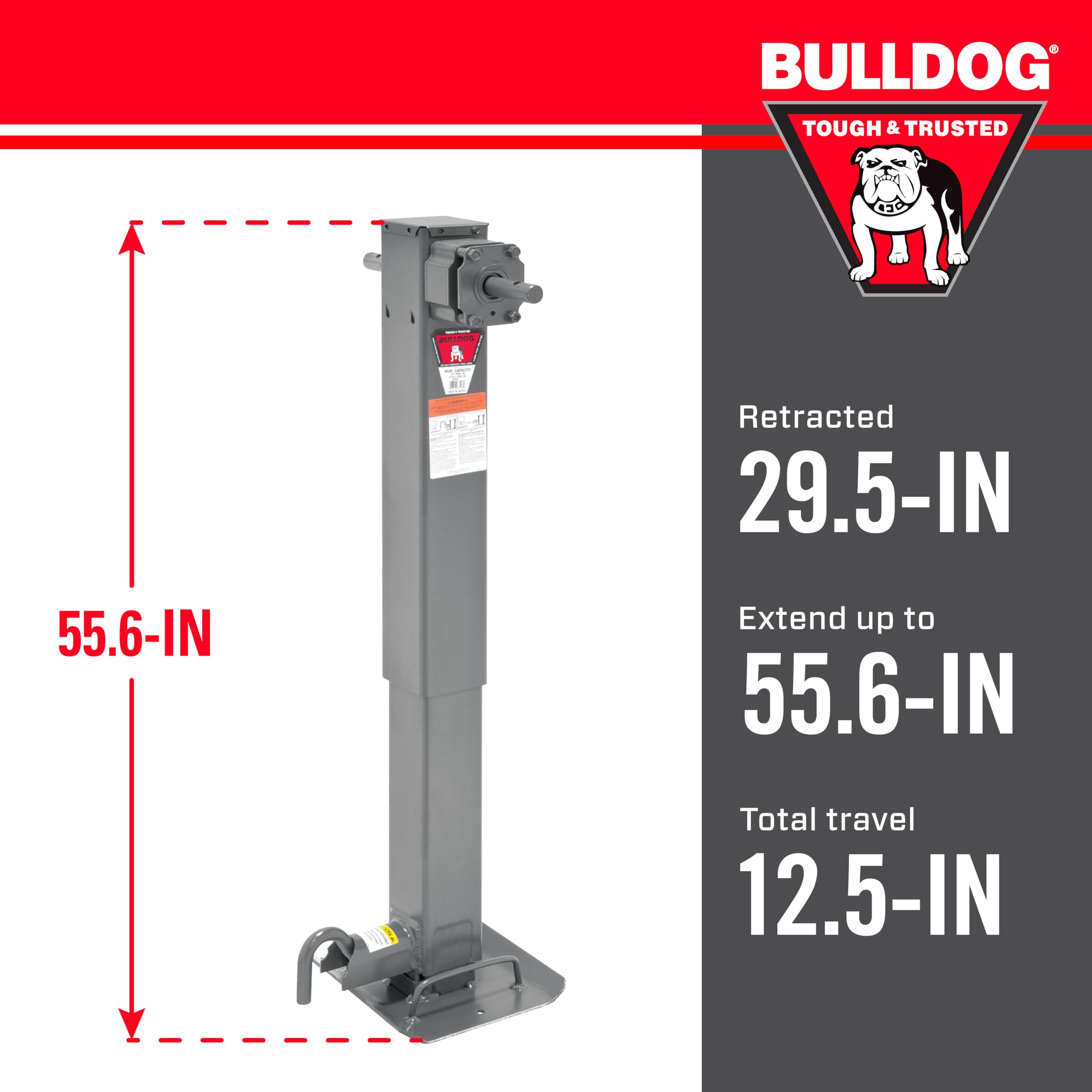 Two-Speed Bulldog 183416 Square Trailer Jack, 12,000 lbs. Lift Capacity, Sidewind, 12-1/2 Inch Travel, Non Spring Return, Pull Pin to The Front
