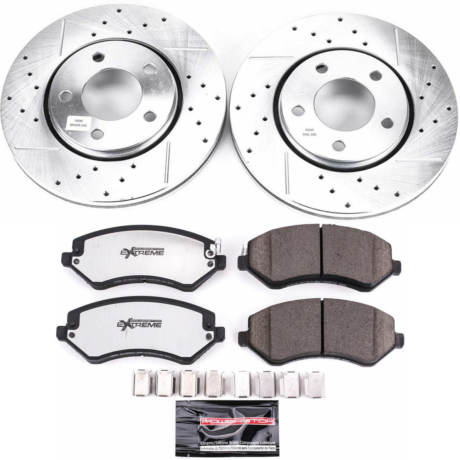 Power Stop Front Brake Kit For 2003 2004 2005 2006 2007 Chrysler Town & Country - Carbon Fiber Ceramic Brake Pads & Truck & Tow Drilled and Slotted Rotors Replacement, K5244-36