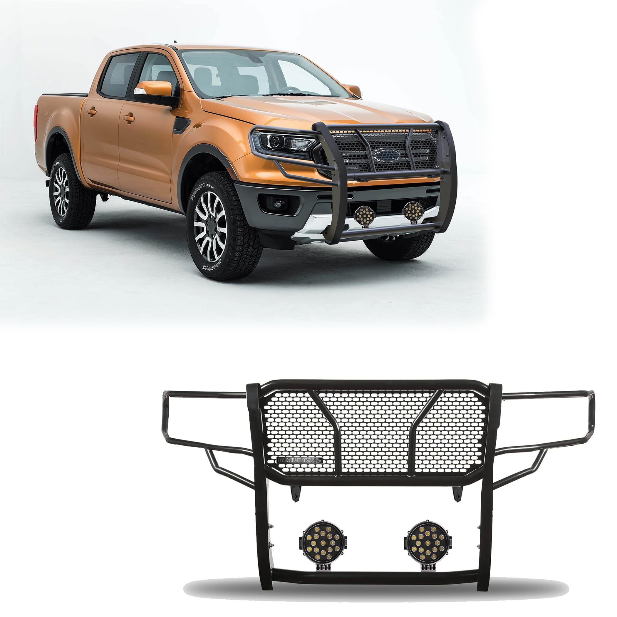 Heavy Duty Black Horse Rugged Grille Brush Bumper Guard Modular Black Come with Pair of 7.0" Dia.LED Lights with Black Trim Rings Compatible with 2019-2023 Ford Ranger-RU-FORA19-B-PLB