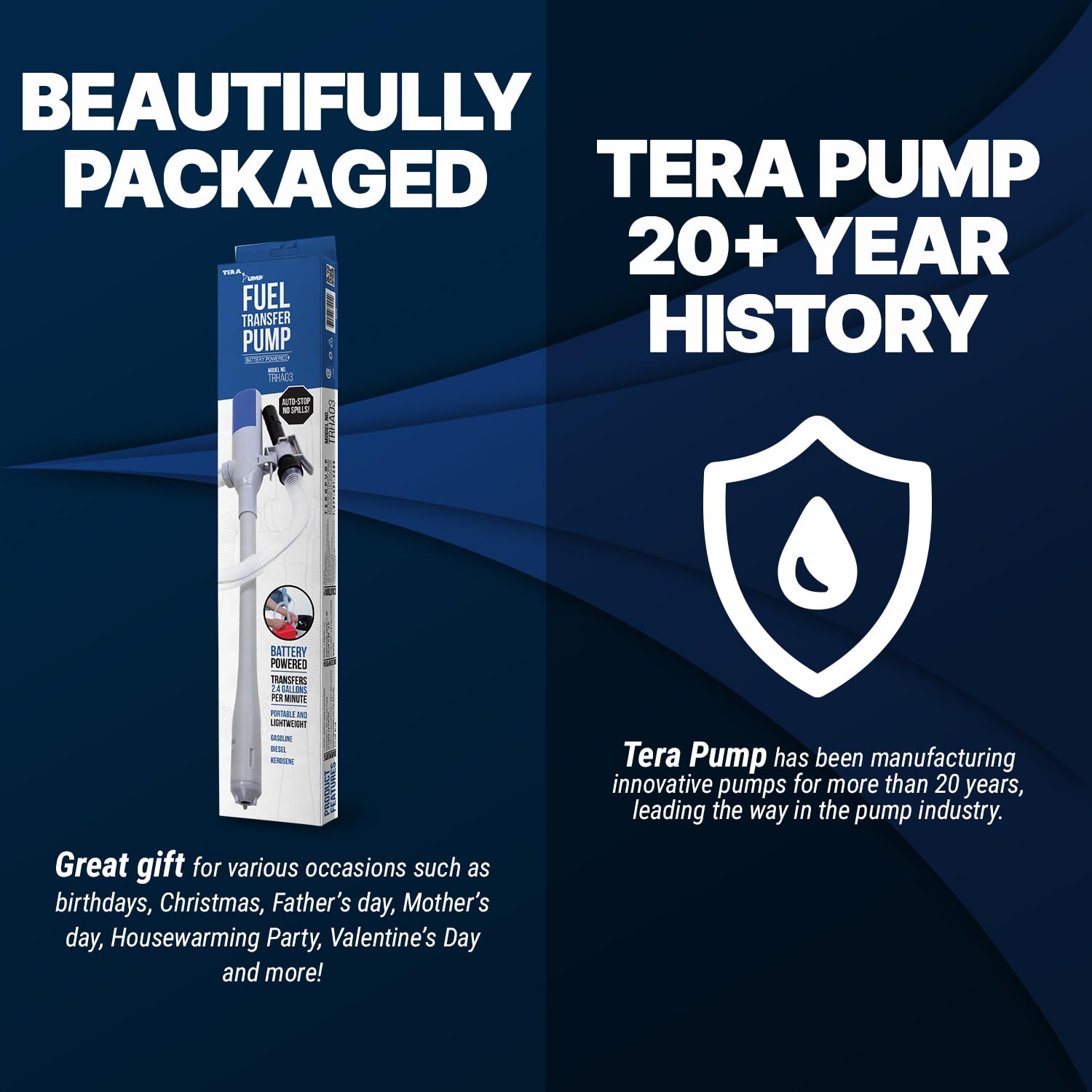 TERA PUMP Portable Automatic Battery Operated Water/Fuel Transfer Pump, Powerful Hand Fuel Pump Fits All Size Jugs w/ 1.2" Intake tube - Quick Transfer at 2.8 Gal/Min (2 AA Batteries, Not Included)
