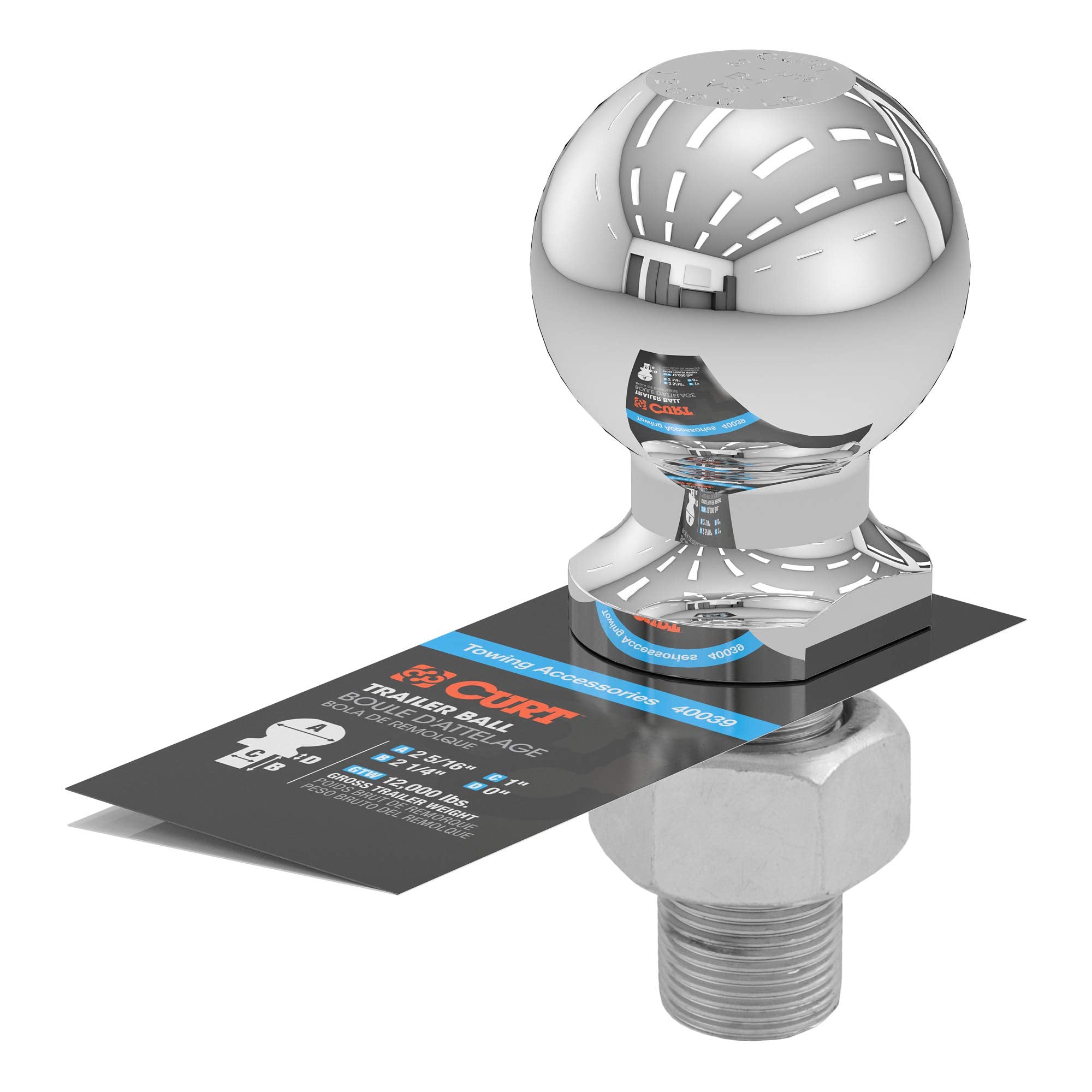 CURT 40039 Trailer Hitch Ball Chrome, 12,000 lbs, 2-5/16-Inch Diameter, 1 x 2-1/4-Inch Shank