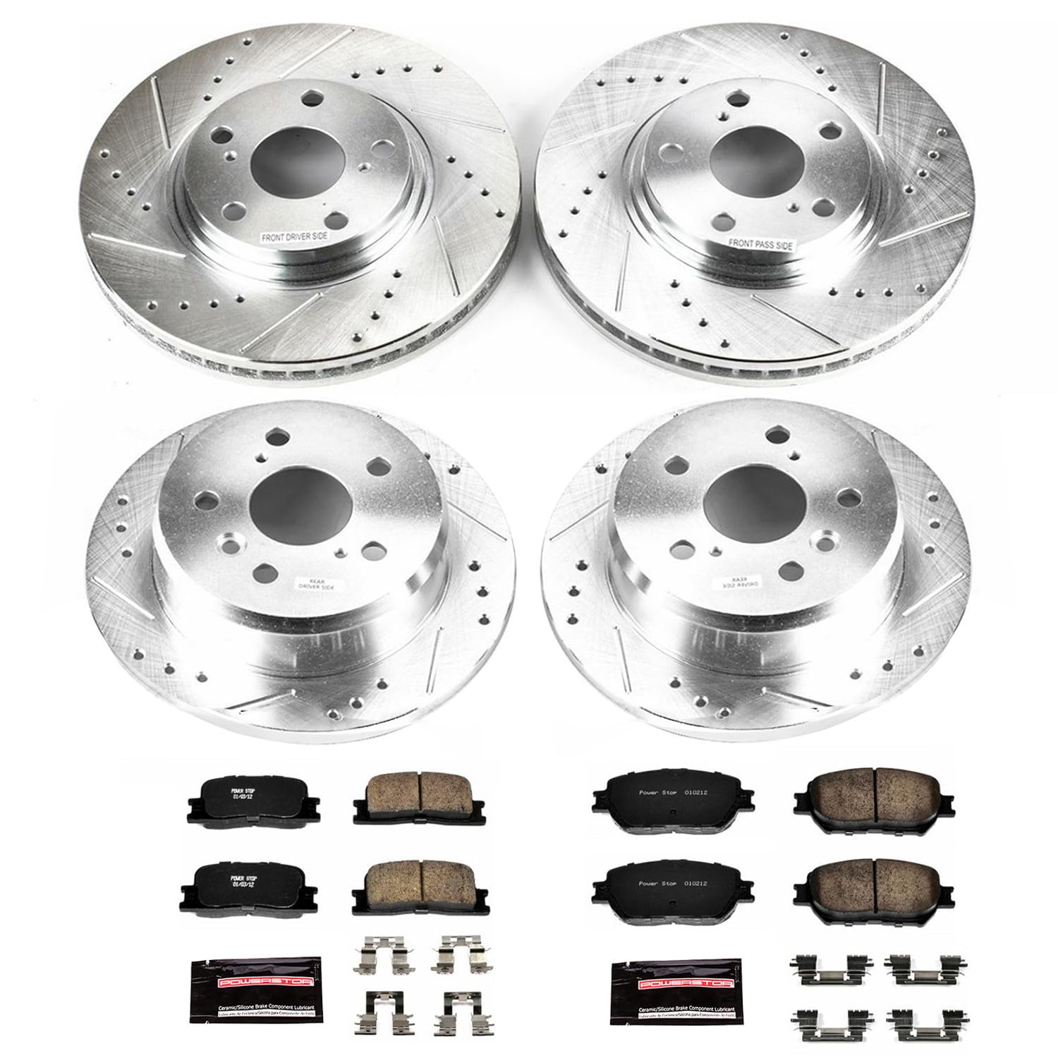 Power Stop K1145 Z23 Carbon Fiber Brake Pads Front and Rear with Drilled & Slotted Brake Rotors Kit For Toyota Camry 2002-2004 [Model Specific]