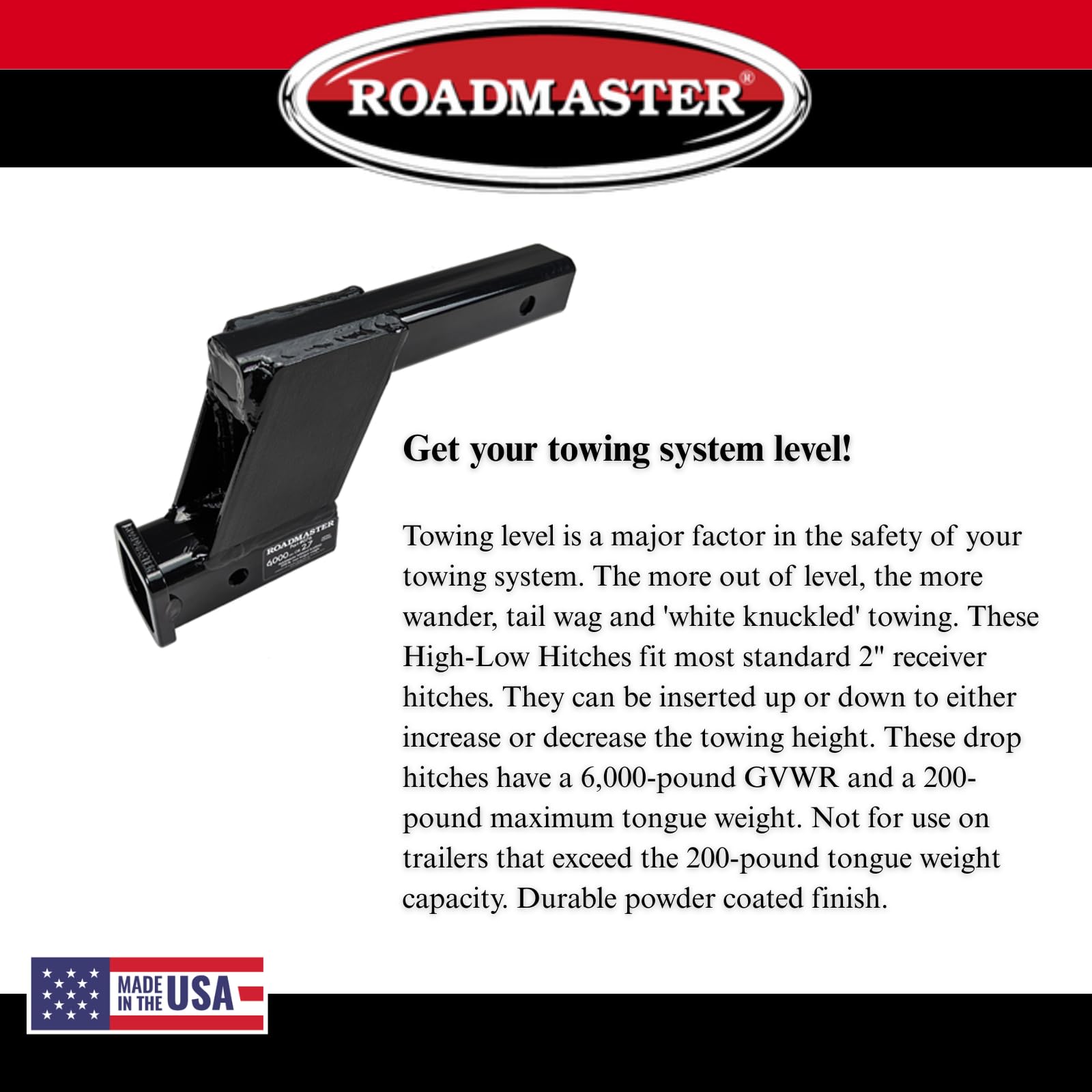 Roadmaster Hi-Low Receiver Hitch 076 with 6" Offset fits 2" Receiver Hitch | 6000 lbs Towing Capacity | 200 lbs Max Tongue Weight | Durable Powder Coat Finish | Made in The USA
