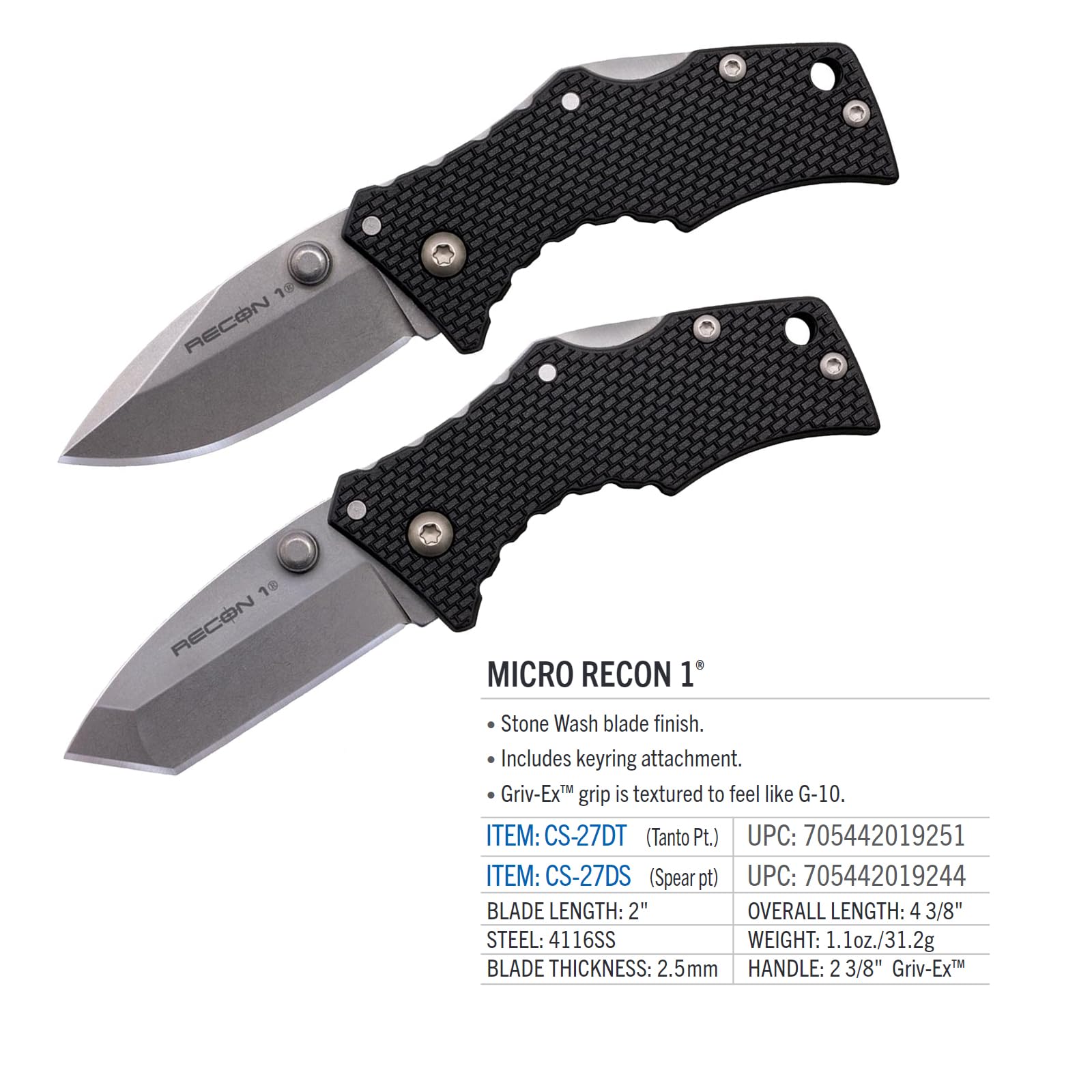 Micro Recon 1 Cold Steel 2" 4034SS Tanto Point Blade 2.375" Griv-Ex Handle Folding Knife w/Tri-Ad Lock, Ambidextrous Pocket/Belt Clip