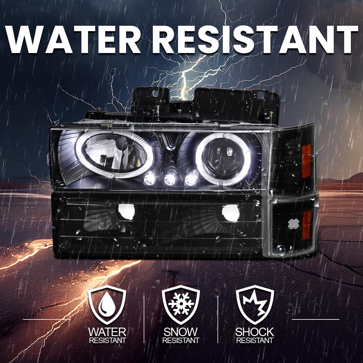 Black LED Halo Projector Headlights + Bumper Lights + Corner SPEC-D TUNING Compatible with 1994-1998 GMC C/K C10, Sierra, Yukon, Suburban Left + Right Pair Headlamps Assembly