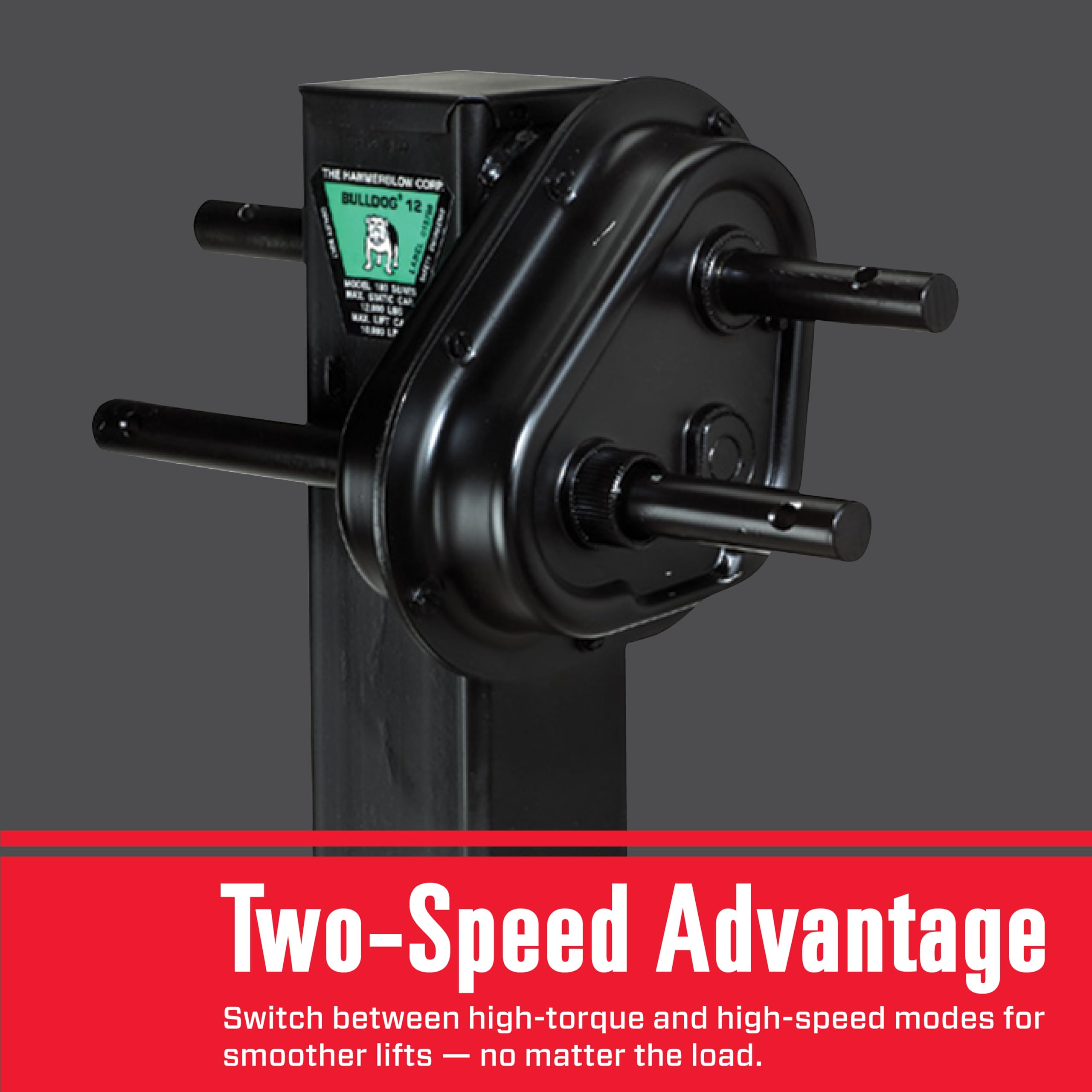 Two-Speed Bulldog 183902 Square Trailer Jack, 12,000 lbs. Lift Capacity, Sidewind, 12-1/2 Inch Travel, Spring Return, Pull Pin to The Side, Traditional Gearbox Style