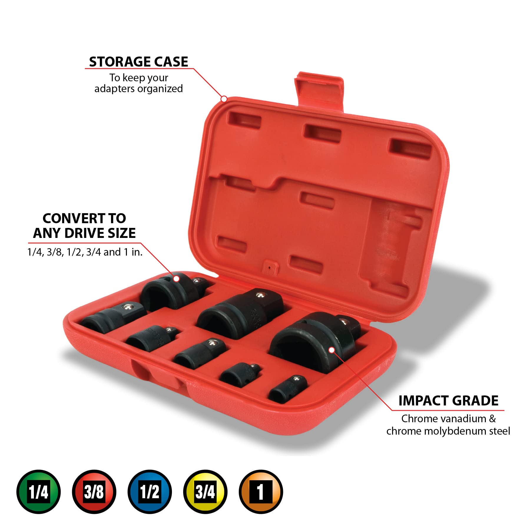 Convertible Performance Tool M795 Impact Adaptor Set in Durable Case for Air, Power, or Drive Tools (8-Piece)