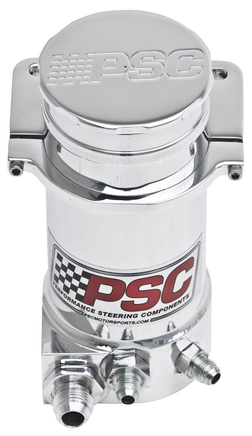 PSC Motor Sports Remote Power Steering Reservoir SR146H-6-10-P Gen IV 8.25 in. Hydroboost w/Clamp Number 6 Return Number And 10 Feed Polished Street Cap