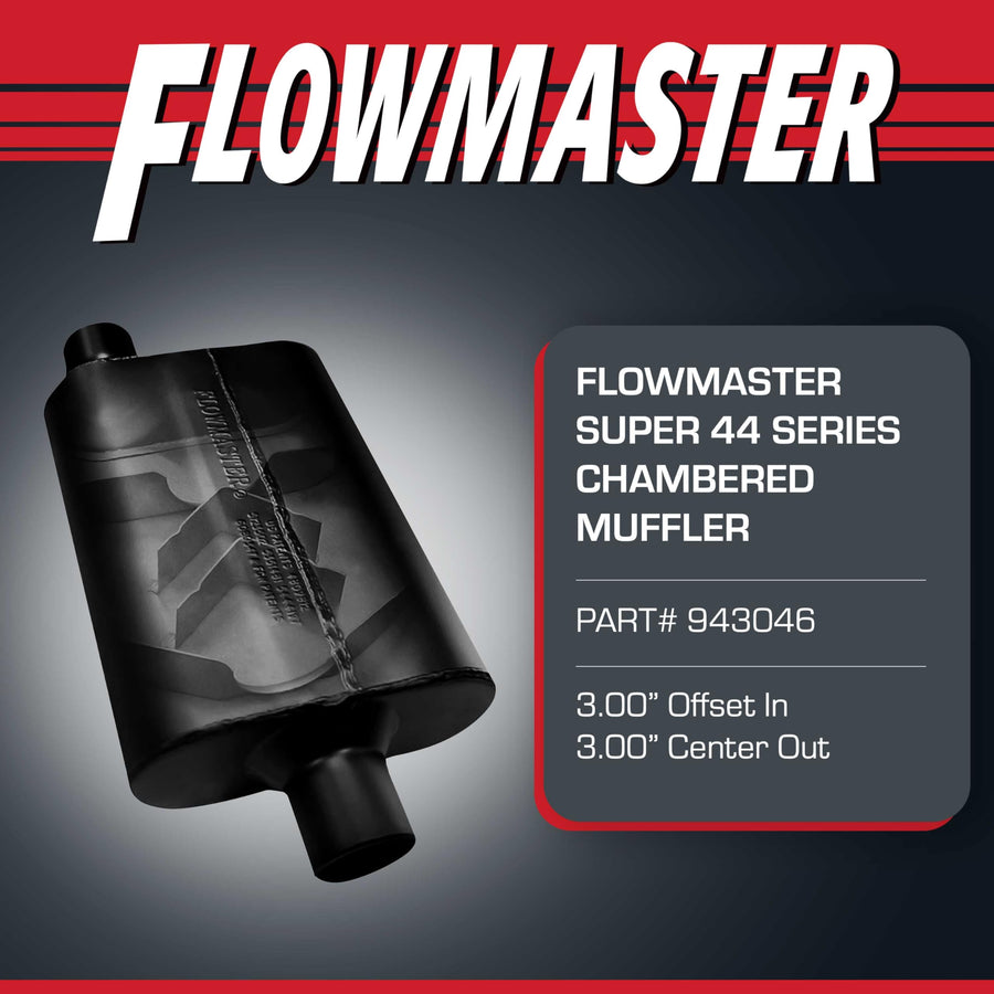 Flowmaster Super 44 Muffler Series – 3.00” Offset In/Center Out – Aggressive Sound – 16 Gauge Aluminized Steel – For Classic & Late Muscle Cars, Street Rods, Trucks, SUVs (943046)