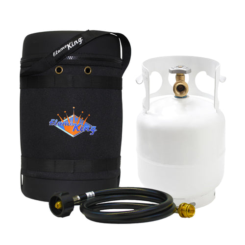 Gas Hauler Kit Flame King - Insulated Protective Carry Case, 5LB Propane Tank and Adapter Hose for Camping and Outdoor Adventures, Black/White