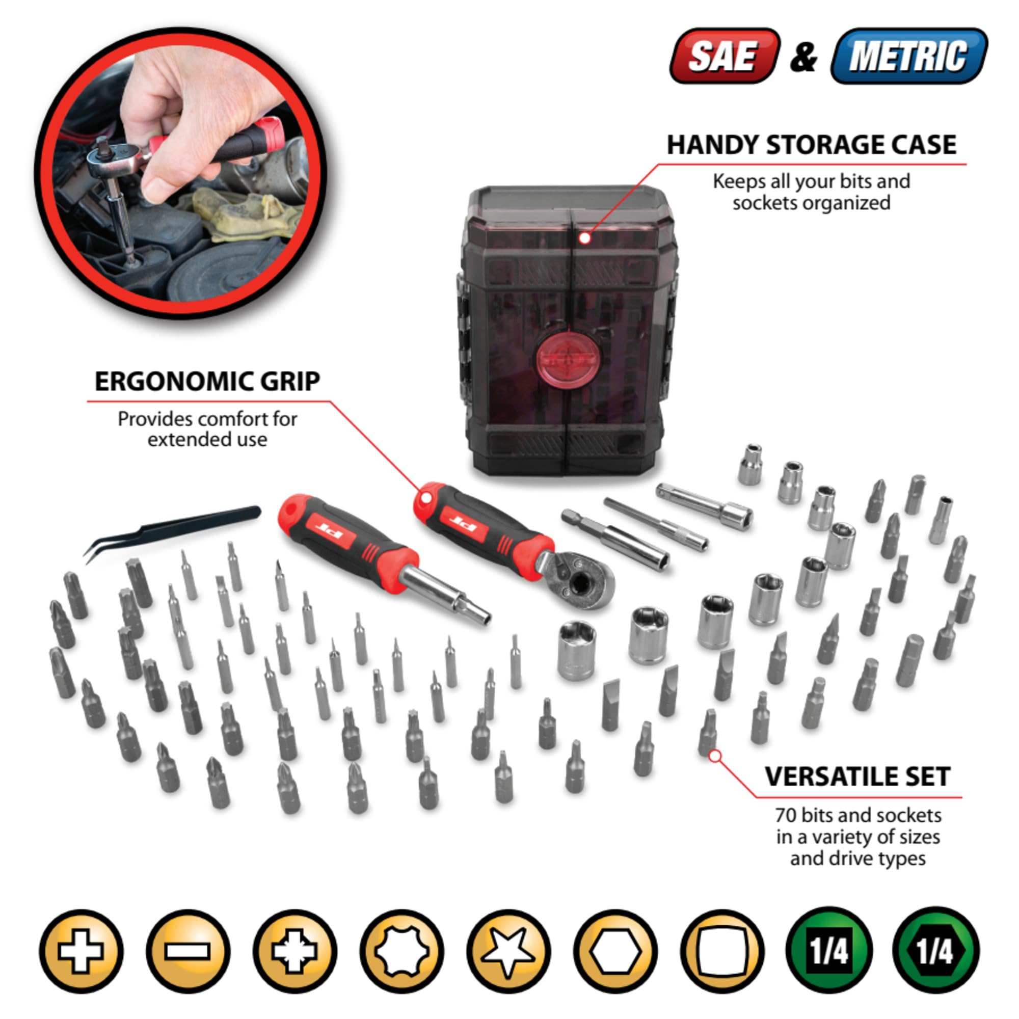 W1745 Performance Tool 78 Pc. Ratcheting Driver Tool Set, 1/4 in. Drive Ratchet, Bit Driver, Extensions, Bit Holders, Bits and Sockets, Storage Case, Red