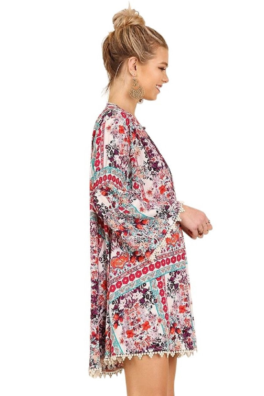 Umgee Boho USA Floral Print Hippie Dress Tunic with Keyhole Neckline and Bell Sleeves (Medium, BERRY MIX C0315)
