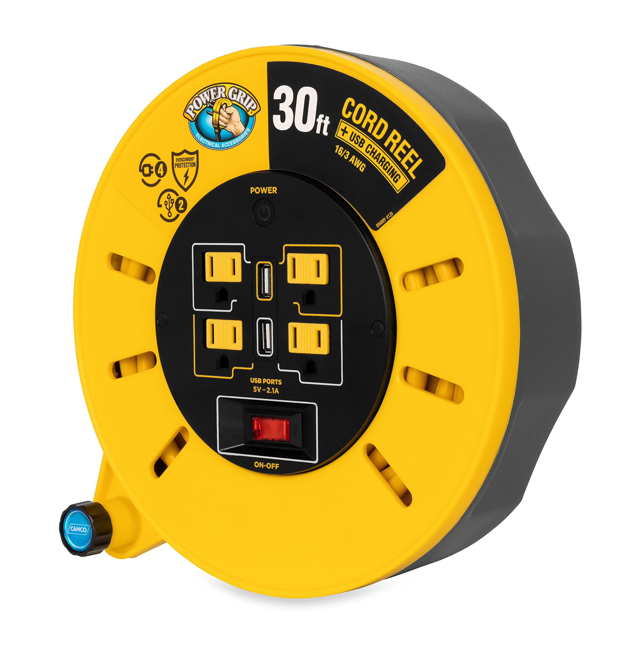 30-Ft Camco 10 Amp RV Extension Cord Reel - Rated for 125V / 1,250W - Features 4 125V Electrical Outlets & 2 USB Ports - Includes On/Off Switch & Built-in Circuit Breaker (55290)