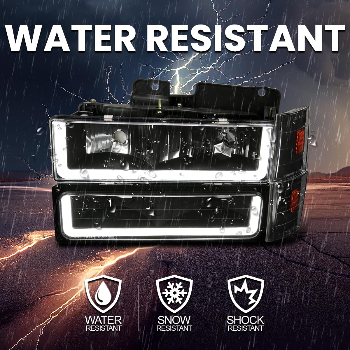 Black LED Tube Headlights + Bumper Lights + Corner Lights SPEC-D TUNING Compatible with 1988-1993 Chevy GMC C10 C/K Suburban, Left + Right Pair Headlamps Assembly