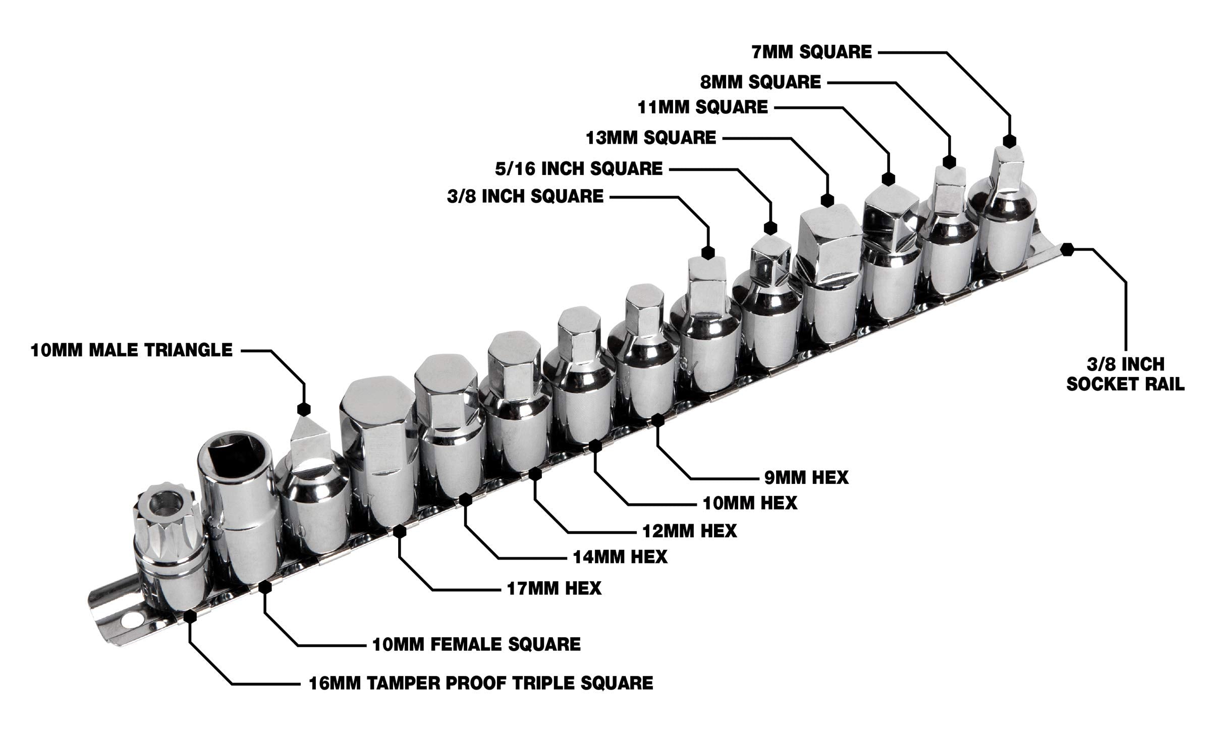 15-Piece Performance Tool W54287 Drain Plug Socket Set With 11mm & 13mm Square Drive For Subaru Differentials, Silver